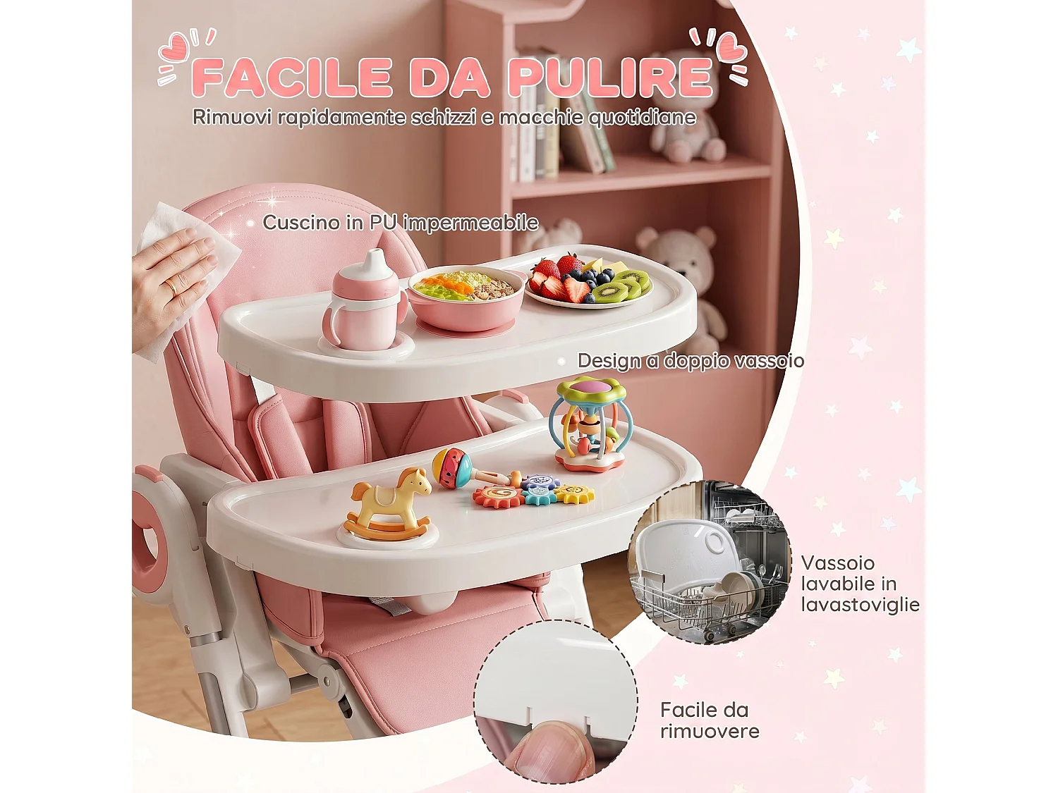 Seggiolone pappa pieghevole per bambini con altezza regolabile rosa
