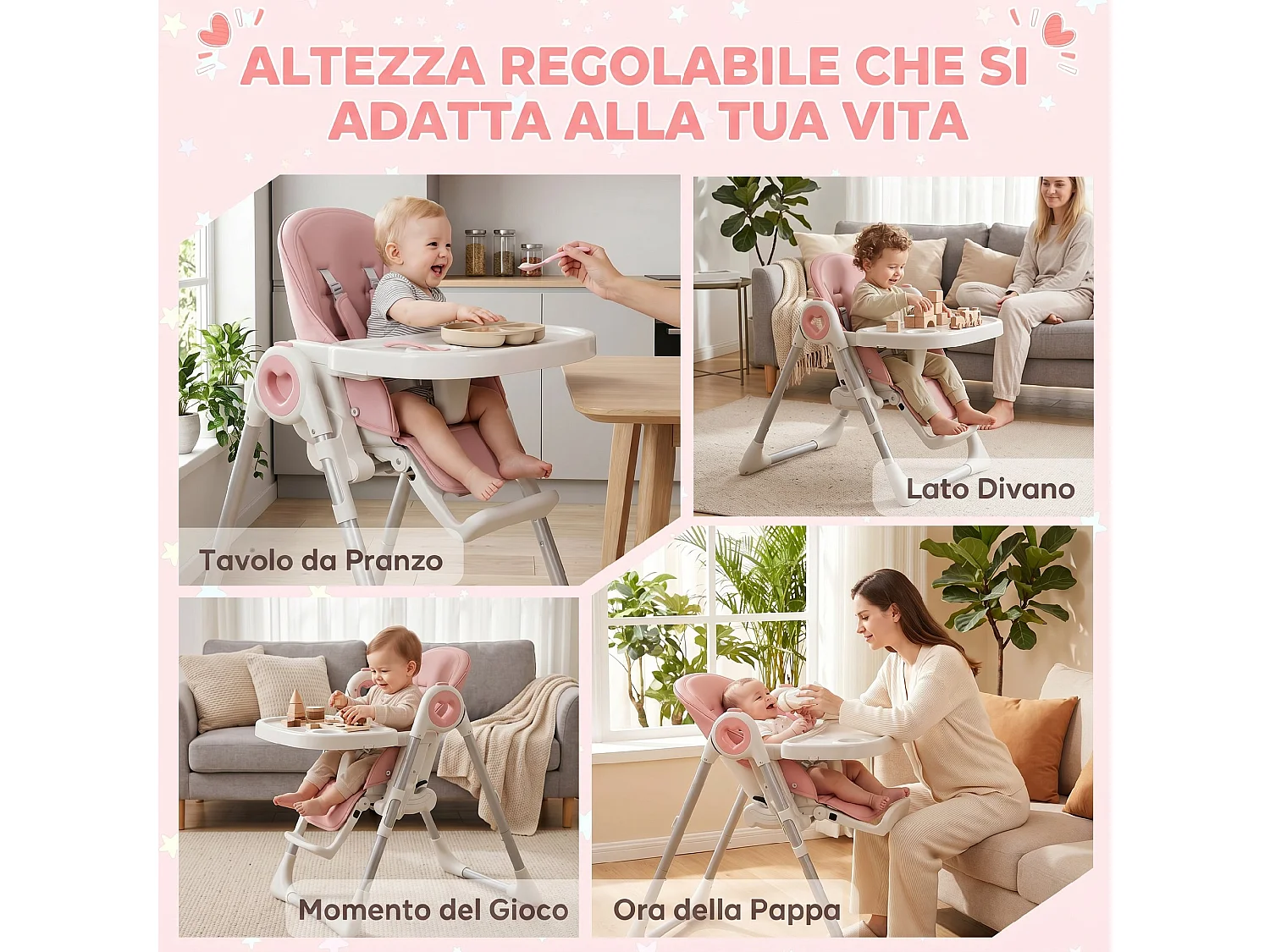 Seggiolone pappa pieghevole per bambini con altezza regolabile rosa