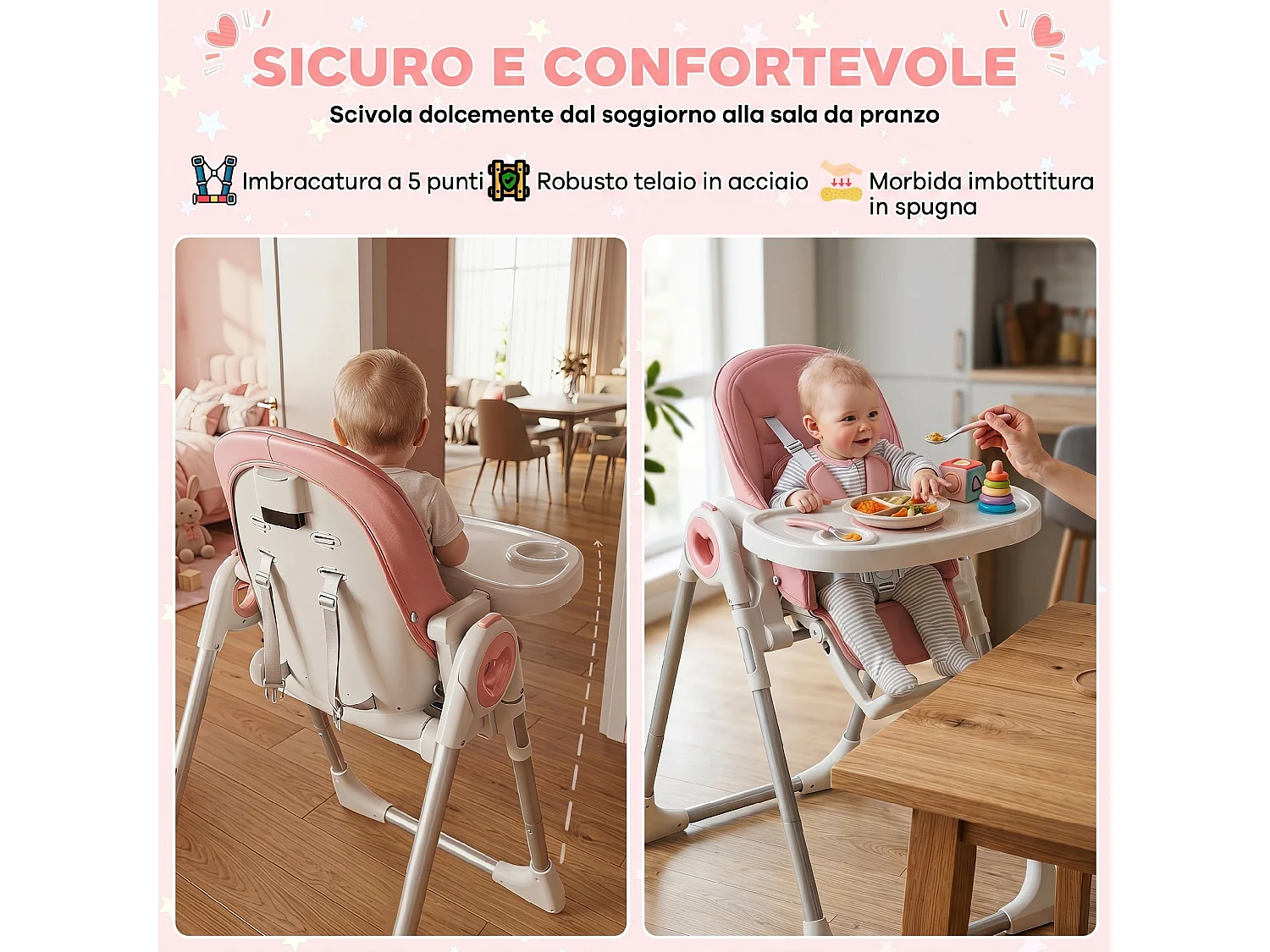 Seggiolone pappa pieghevole per bambini con altezza regolabile rosa