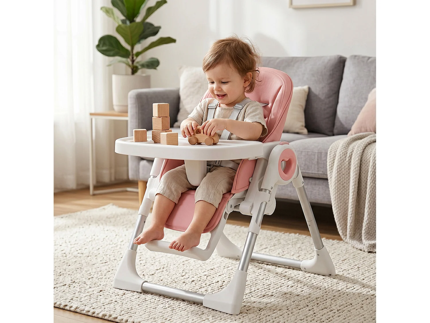 Seggiolone pappa pieghevole per bambini con altezza regolabile rosa