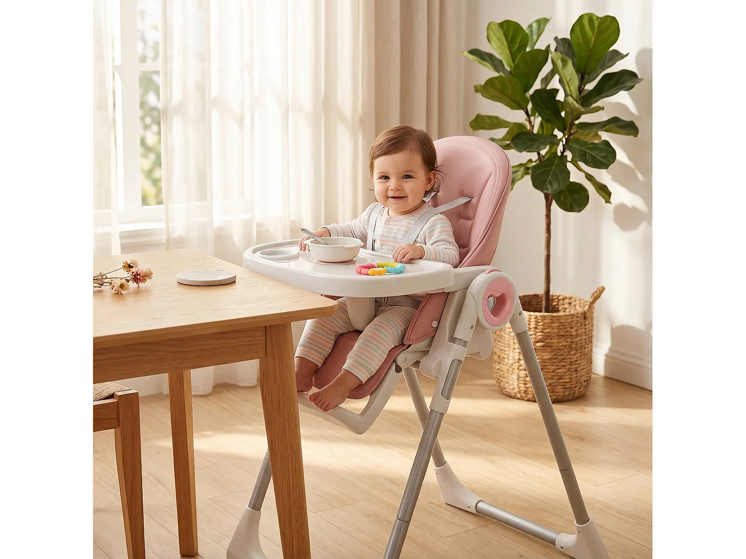 Seggiolone pappa pieghevole per bambini con altezza regolabile rosa