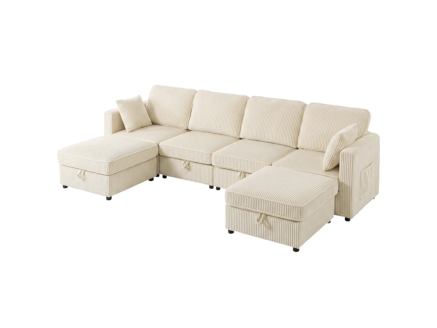 Divano modulare a u con 2 pouf contenitori in velluto a coste crema