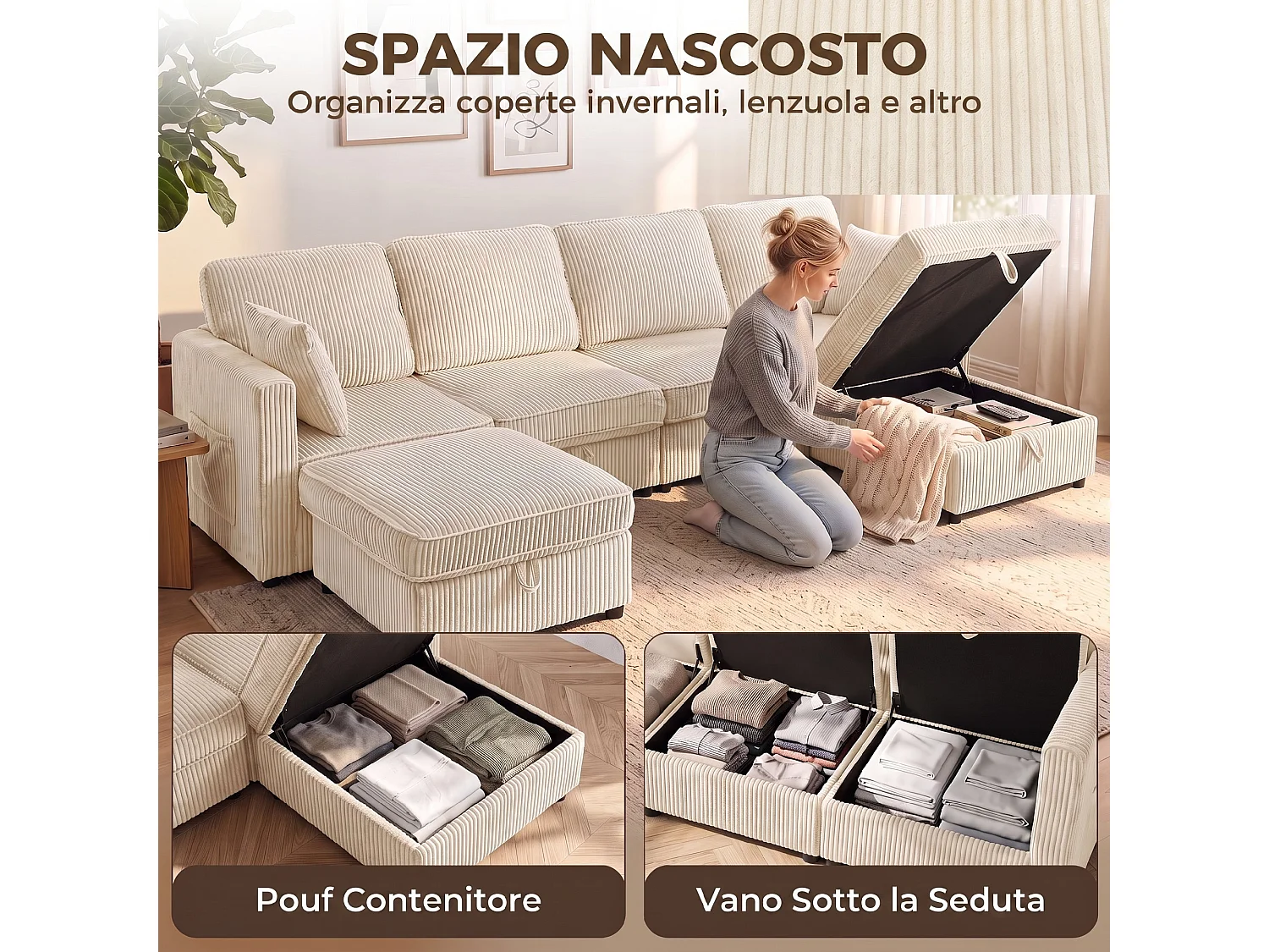 Divano modulare a u con 2 pouf contenitori in velluto a coste crema