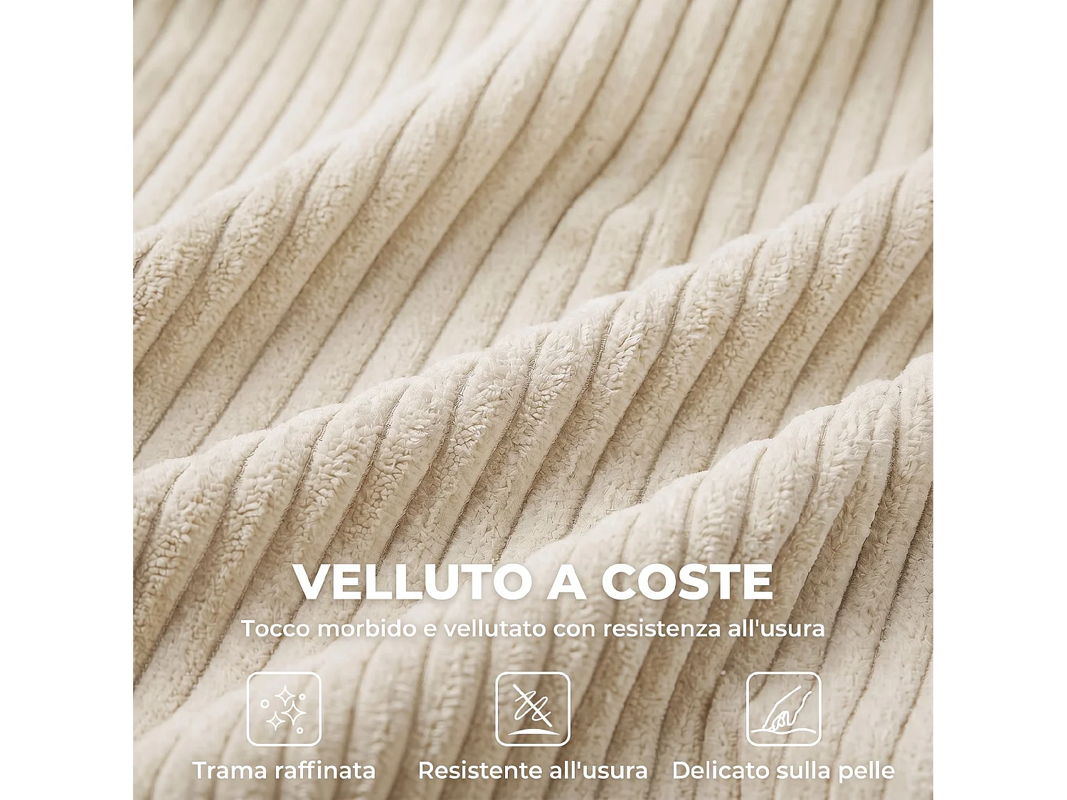 Divano modulare a u con 2 pouf contenitori in velluto a coste crema