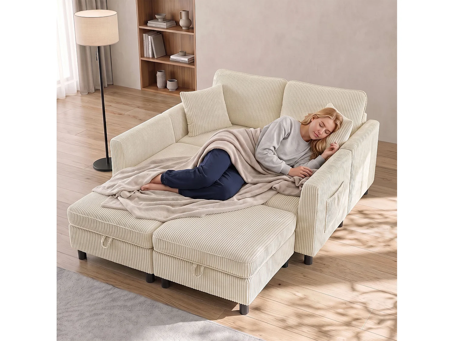 Divano modulare a u con 2 pouf contenitori in velluto a coste crema