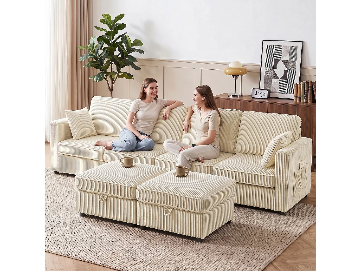 Divano modulare a u con 2 pouf contenitori in velluto a coste crema