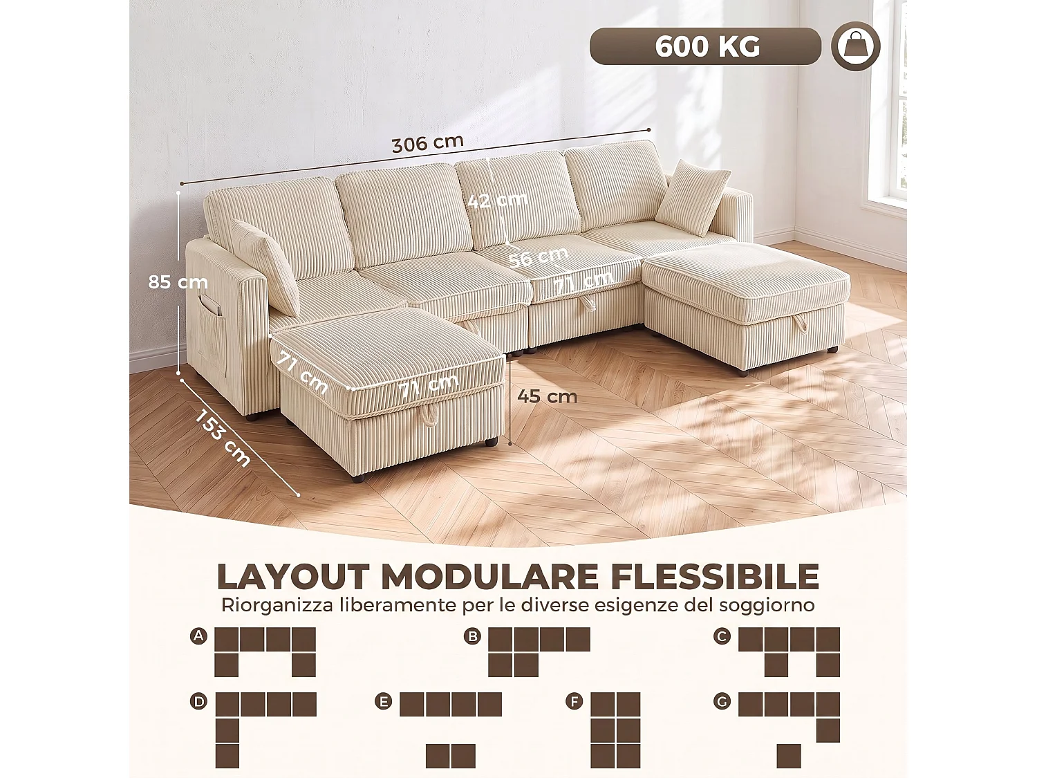 Divano modulare a u con 2 pouf contenitori in velluto a coste crema