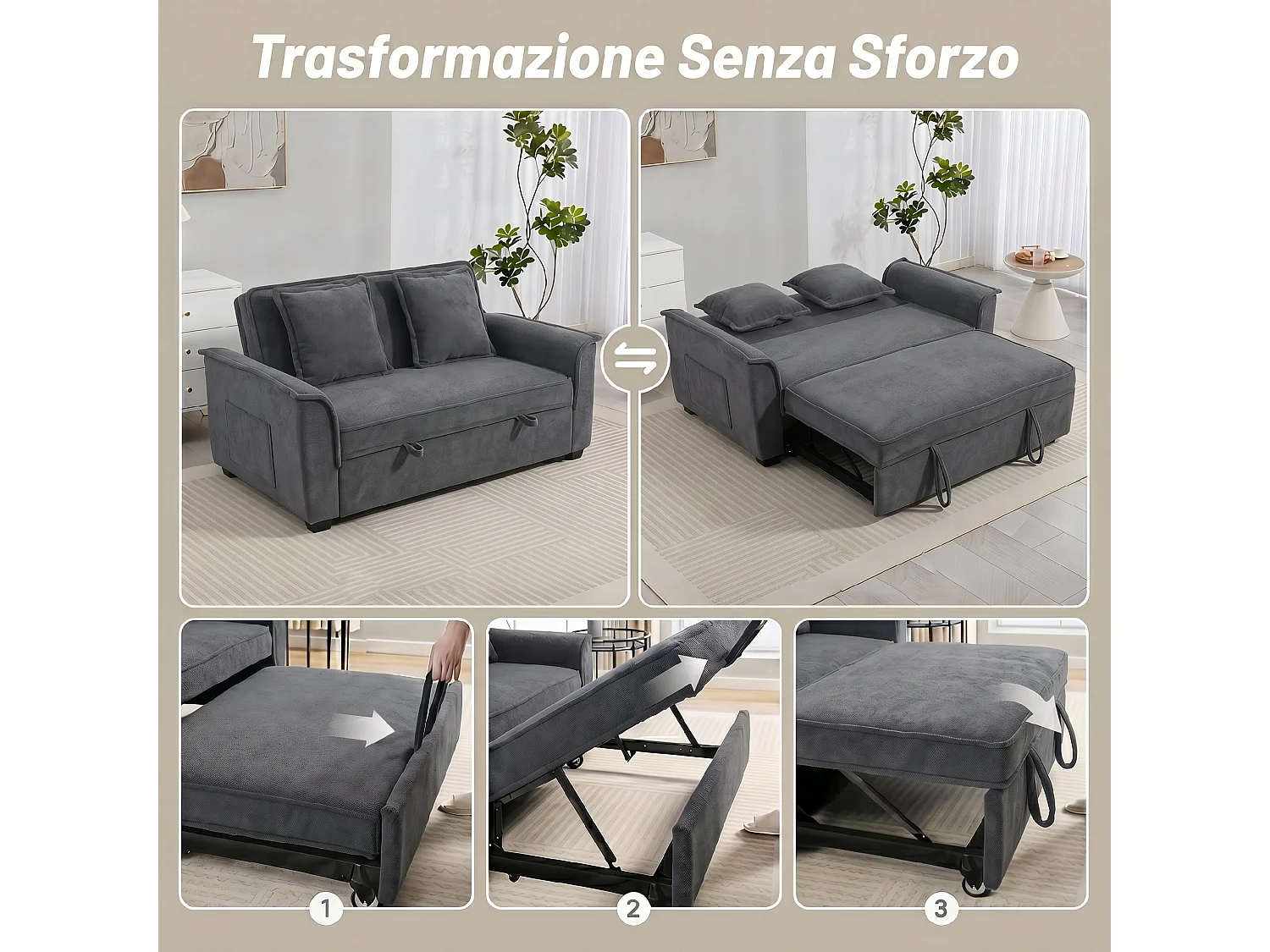 Divano letto matrimoniale con 2 cuscini in ciniglia grigio scuro