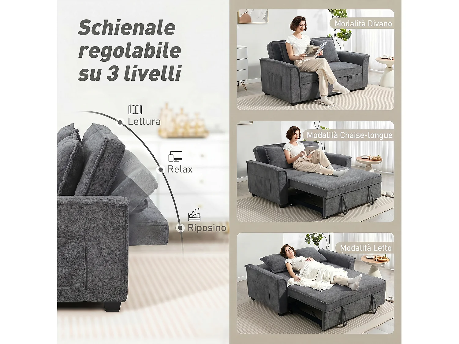 Divano letto matrimoniale con 2 cuscini in ciniglia grigio scuro