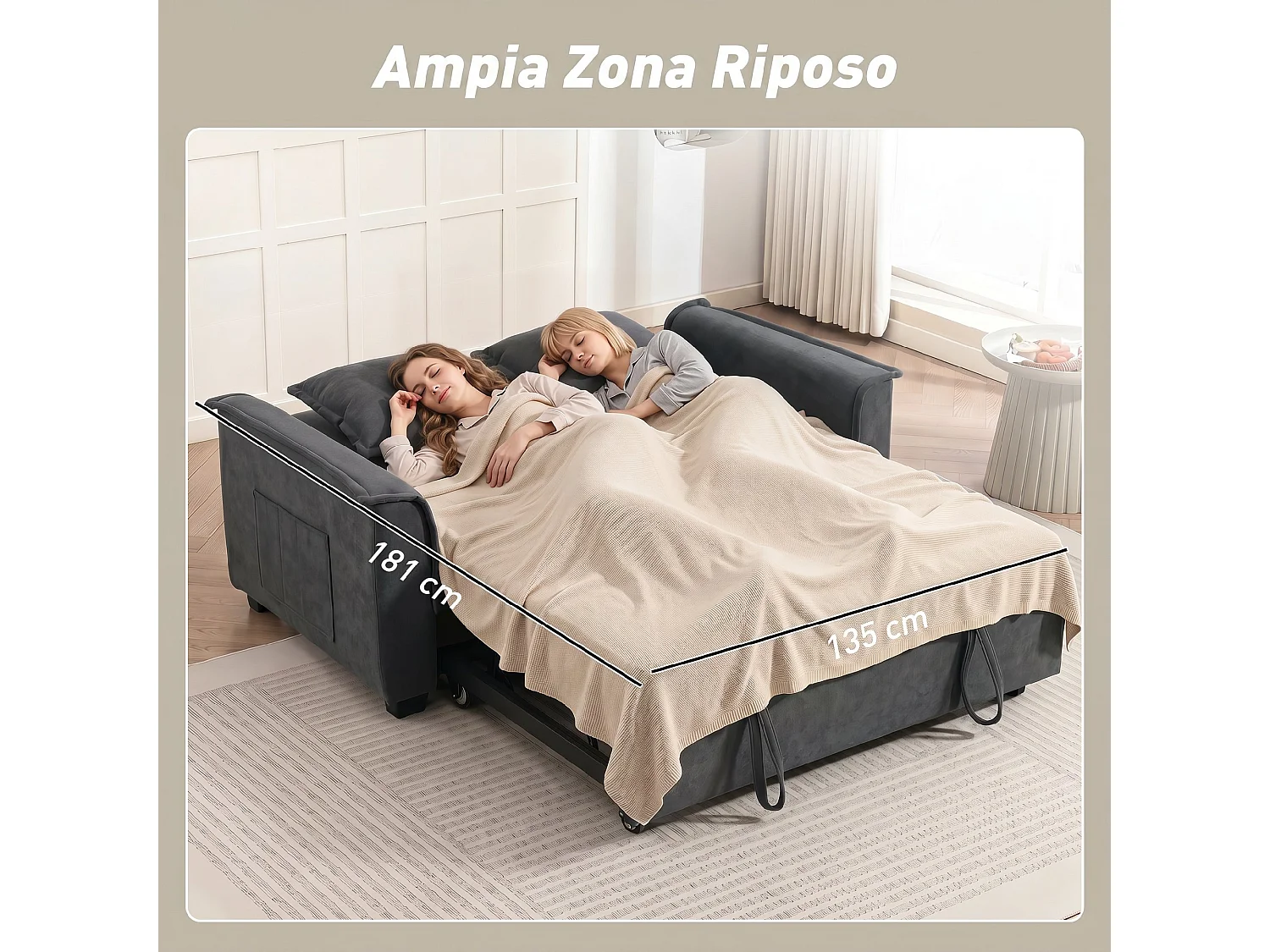 Divano letto matrimoniale con 2 cuscini in ciniglia grigio scuro