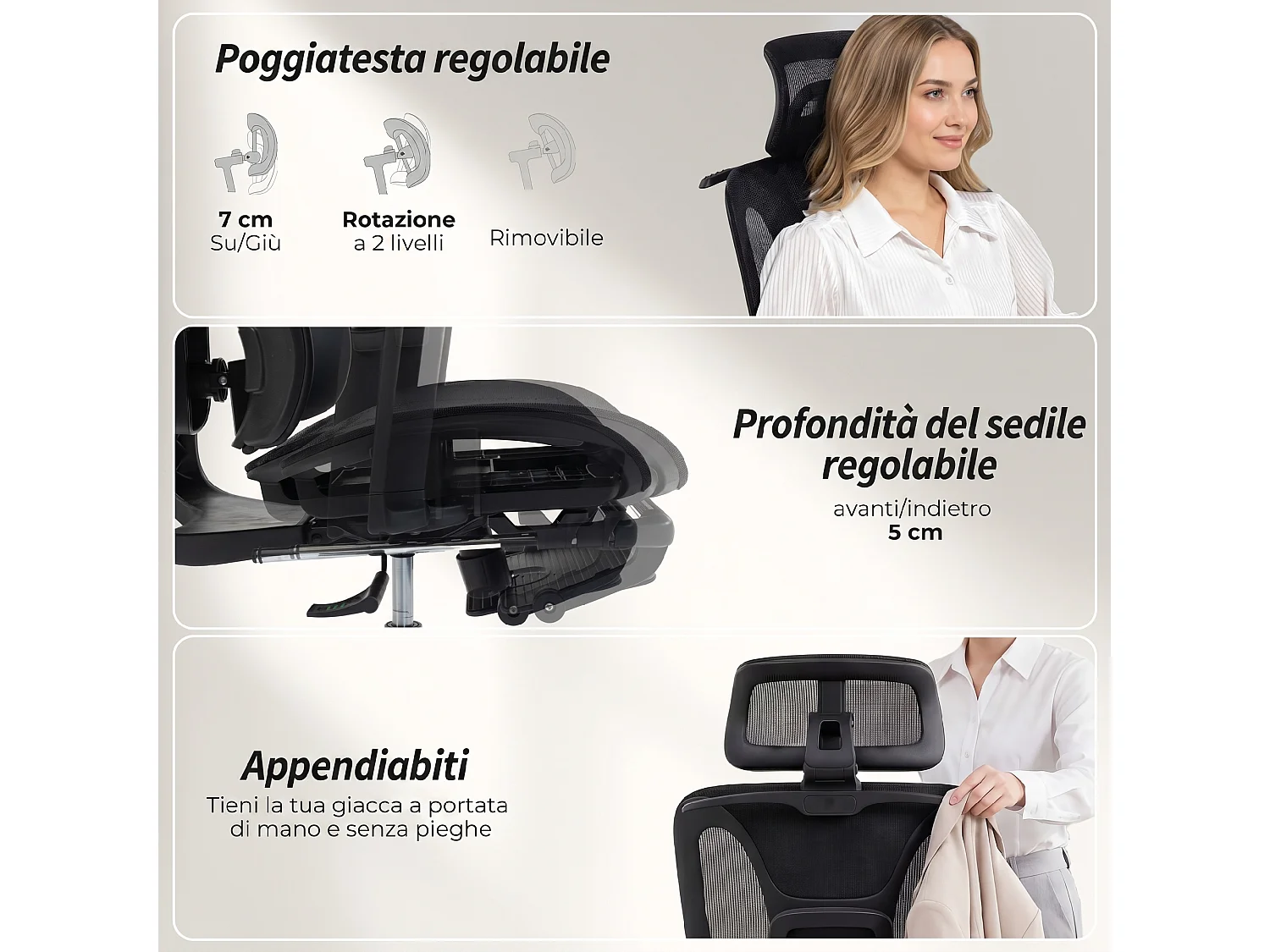 Sedia da ufficio con poggiatesta schienale regolabili in rete nero
