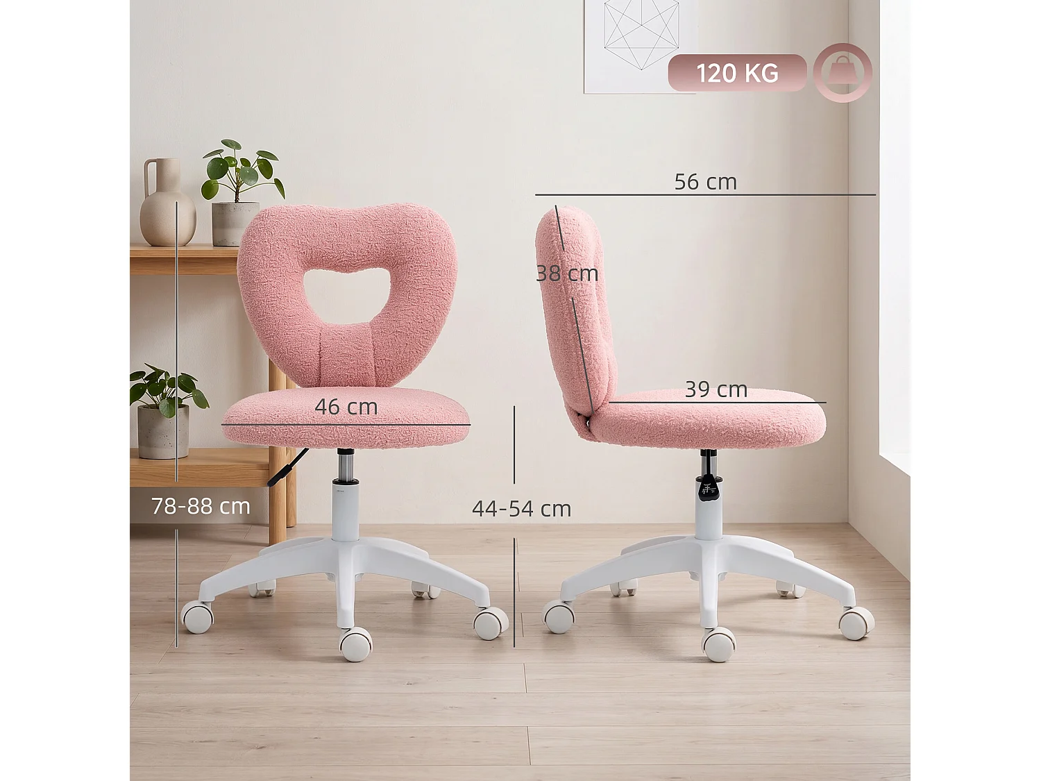 Sedia Ufficio Girevole, Schienale a Cuore, Senza Braccioli Rosa