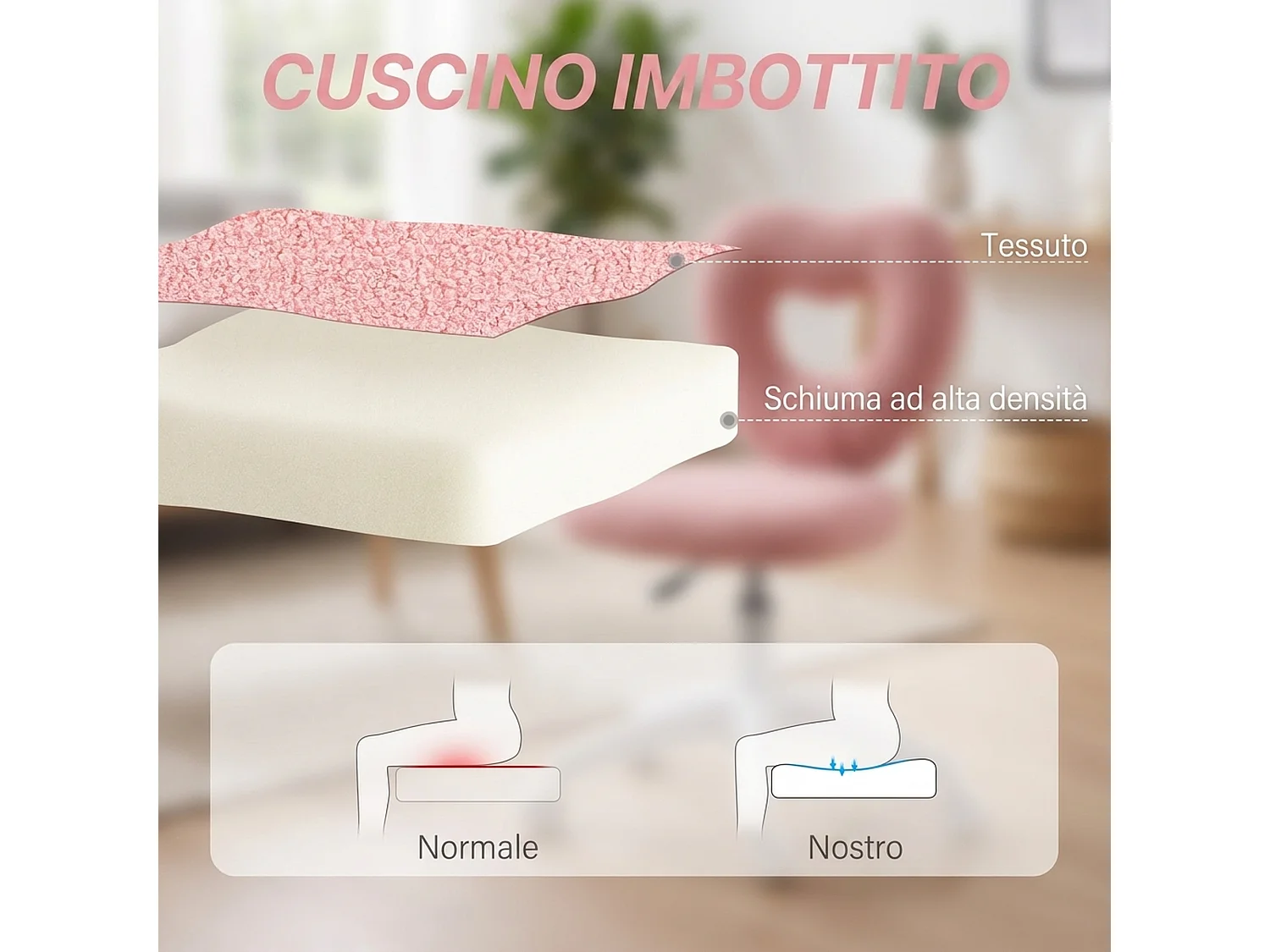 Sedia Ufficio Girevole, Schienale a Cuore, Senza Braccioli Rosa