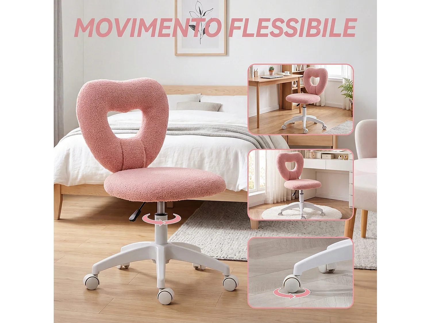 Sedia Ufficio Girevole, Schienale a Cuore, Senza Braccioli Rosa