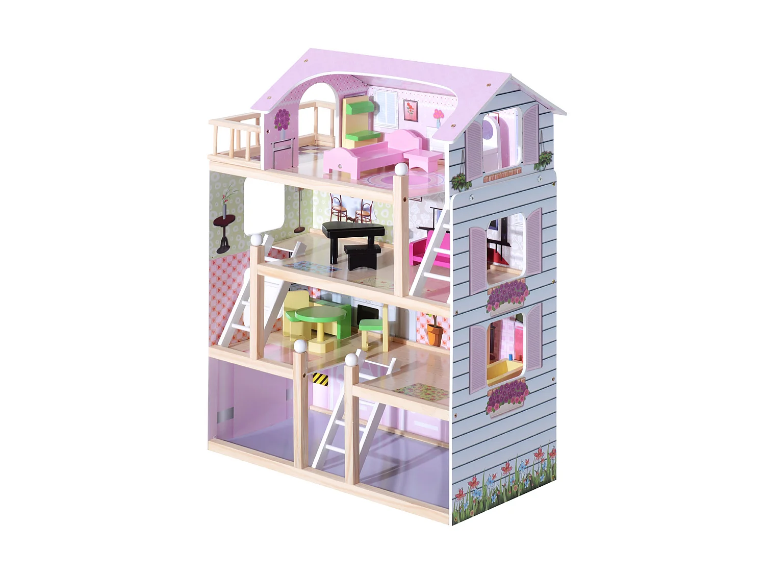 Casa delle Bambole per Bambini 3+ Anni a 4 Piani 60x30x80 cm Rosa