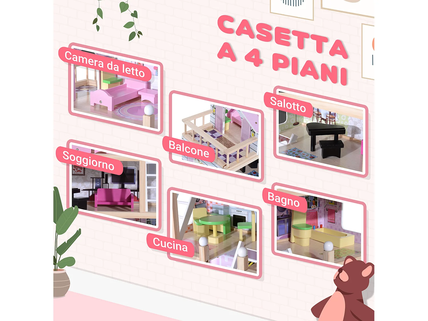 Casa delle Bambole per Bambini 3+ Anni a 4 Piani 60x30x80 cm Rosa