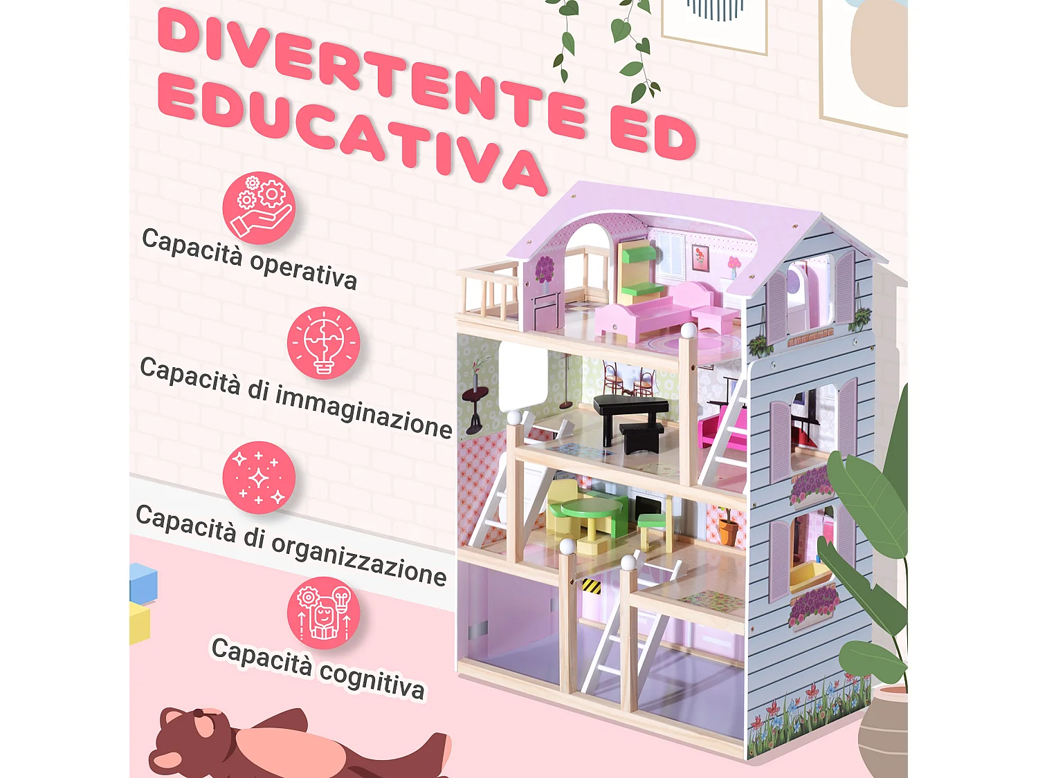 Casa delle Bambole per Bambini 3+ Anni a 4 Piani 60x30x80 cm Rosa