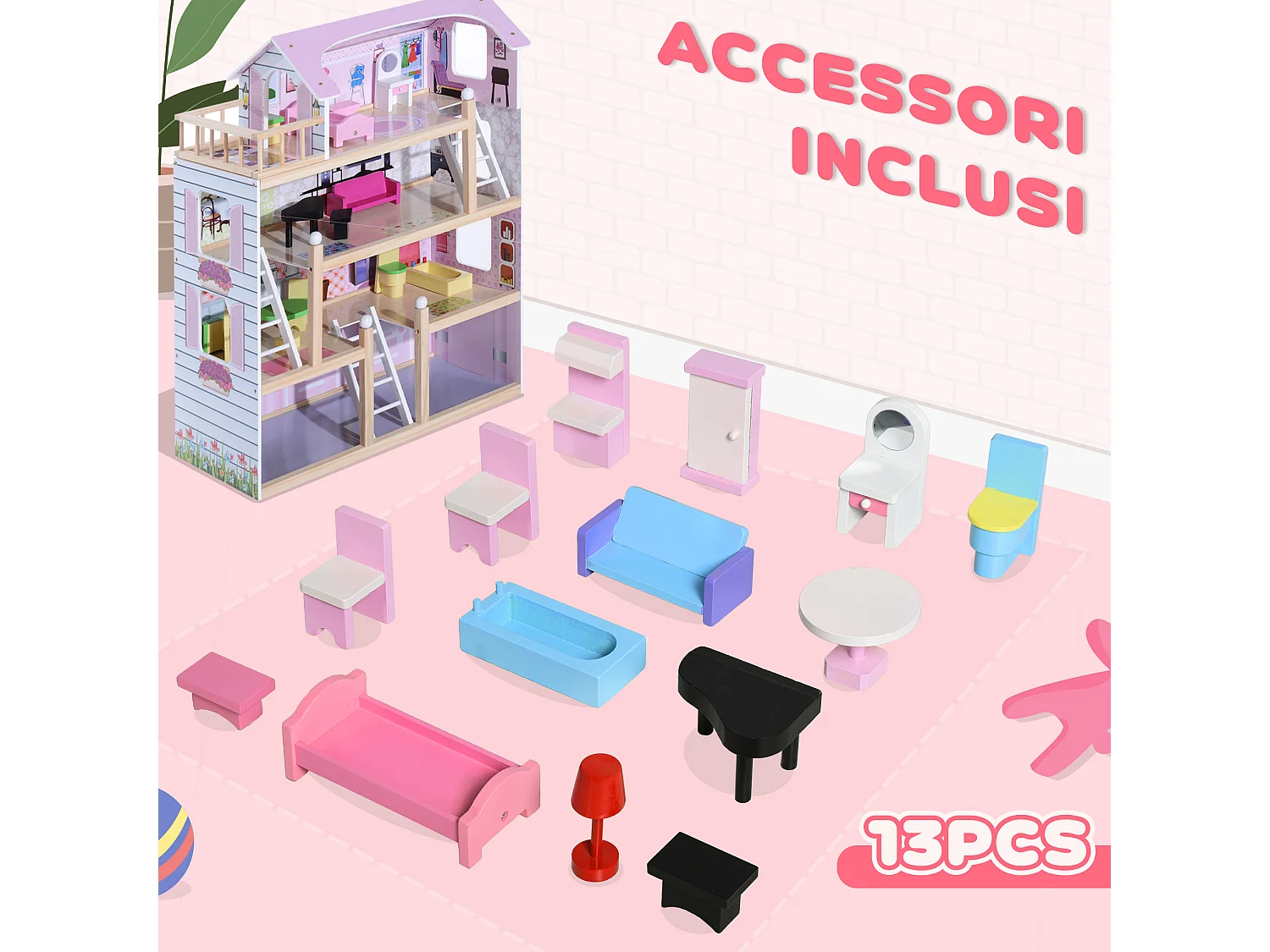 Casa delle Bambole per Bambini 3+ Anni a 4 Piani 60x30x80 cm Rosa