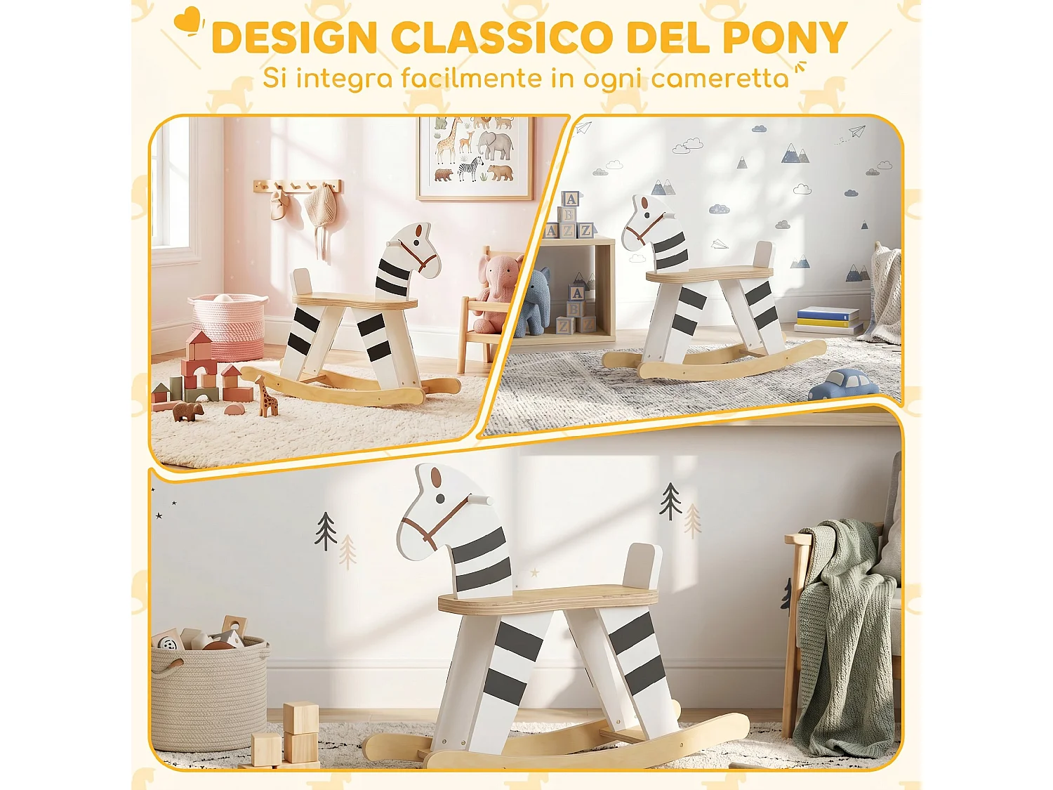 Cavallo a dondolo per bambini con base larga in legno multicolore