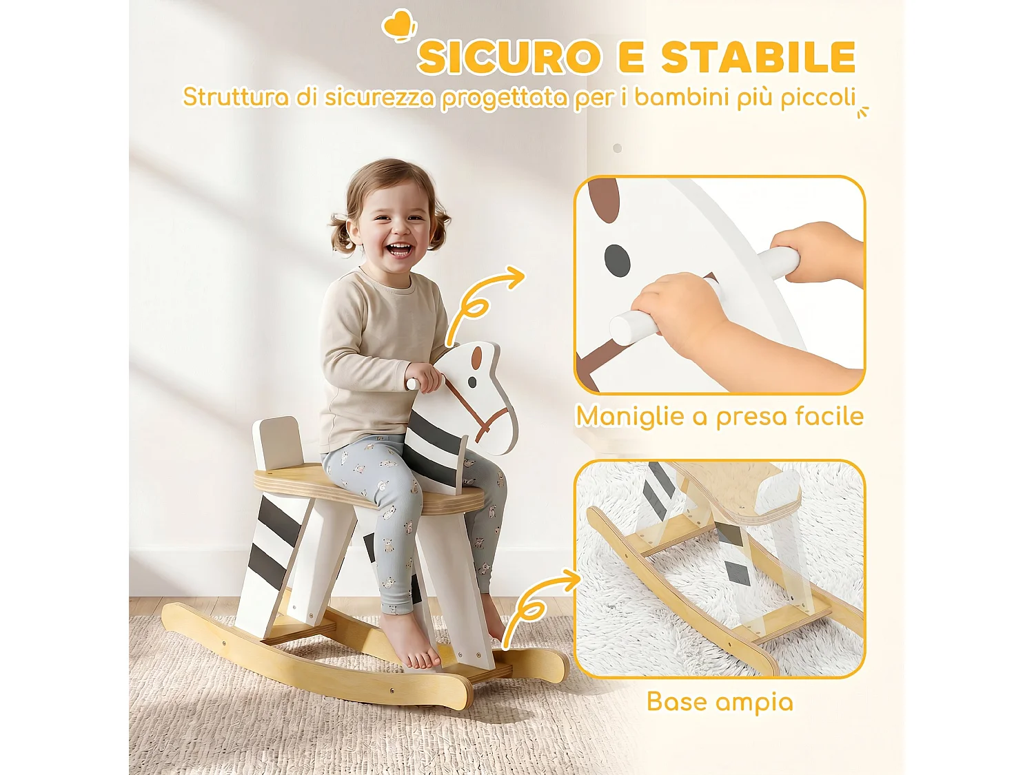Cavallo a dondolo per bambini con base larga in legno multicolore