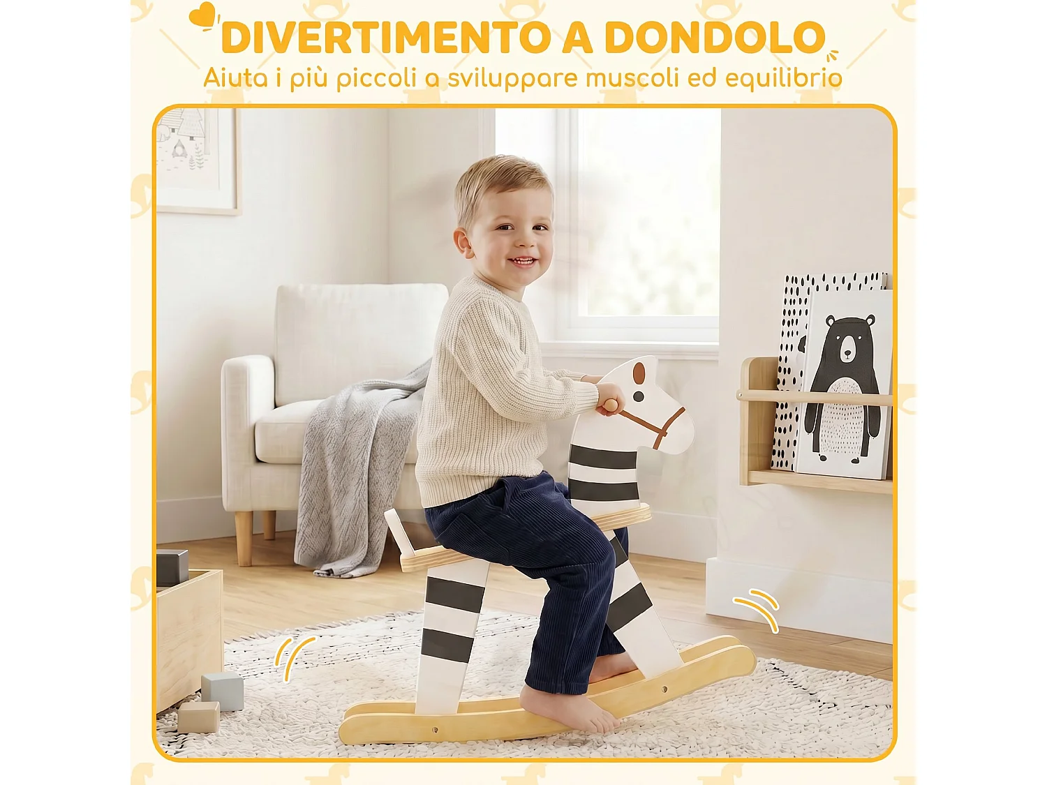 Cavallo a dondolo per bambini con base larga in legno multicolore