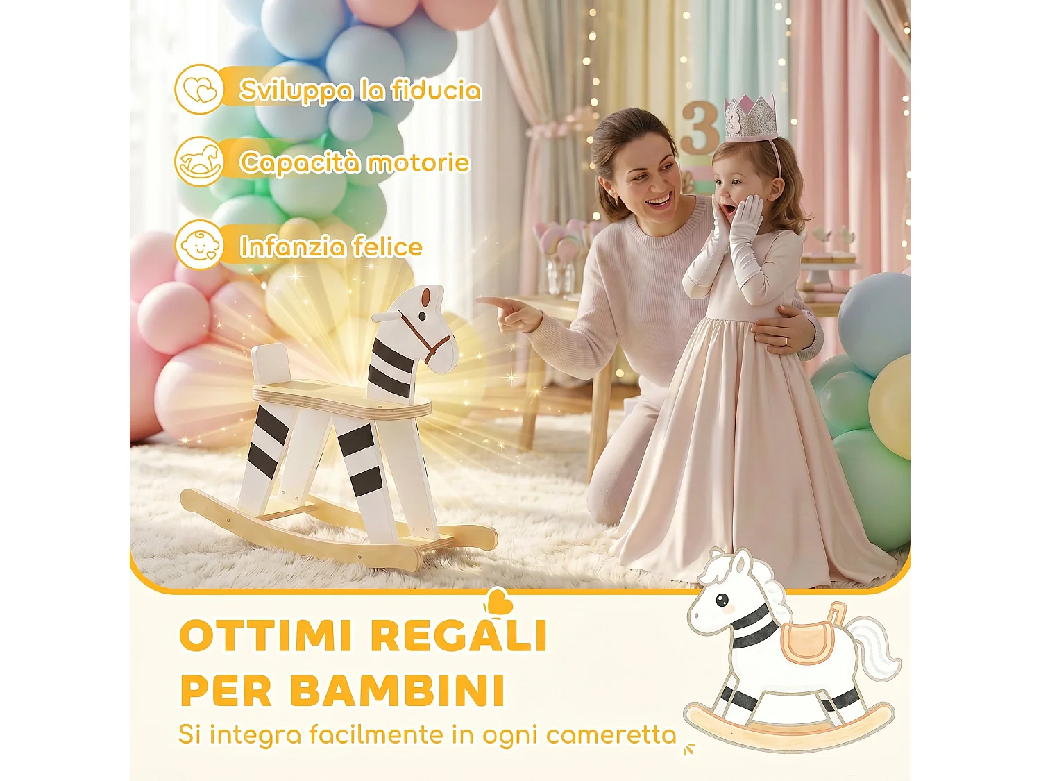 Cavallo a dondolo per bambini con base larga in legno multicolore