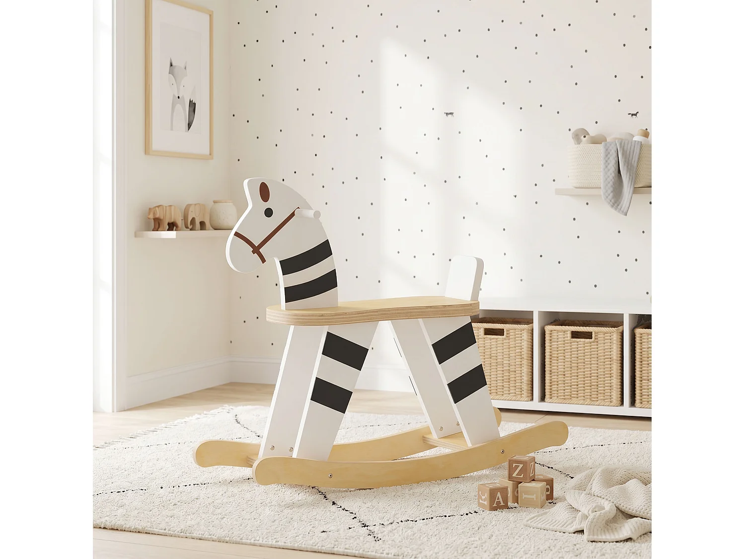 Cavallo a dondolo per bambini con base larga in legno multicolore