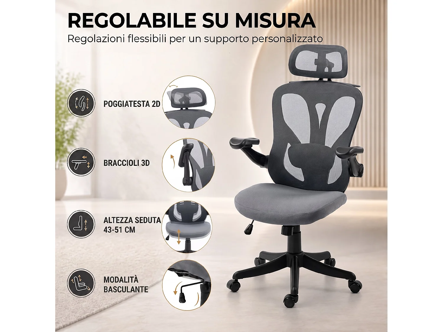 Sedia ufficio con braccioli 3d e poggiatesta 2d in rete grigio scuro