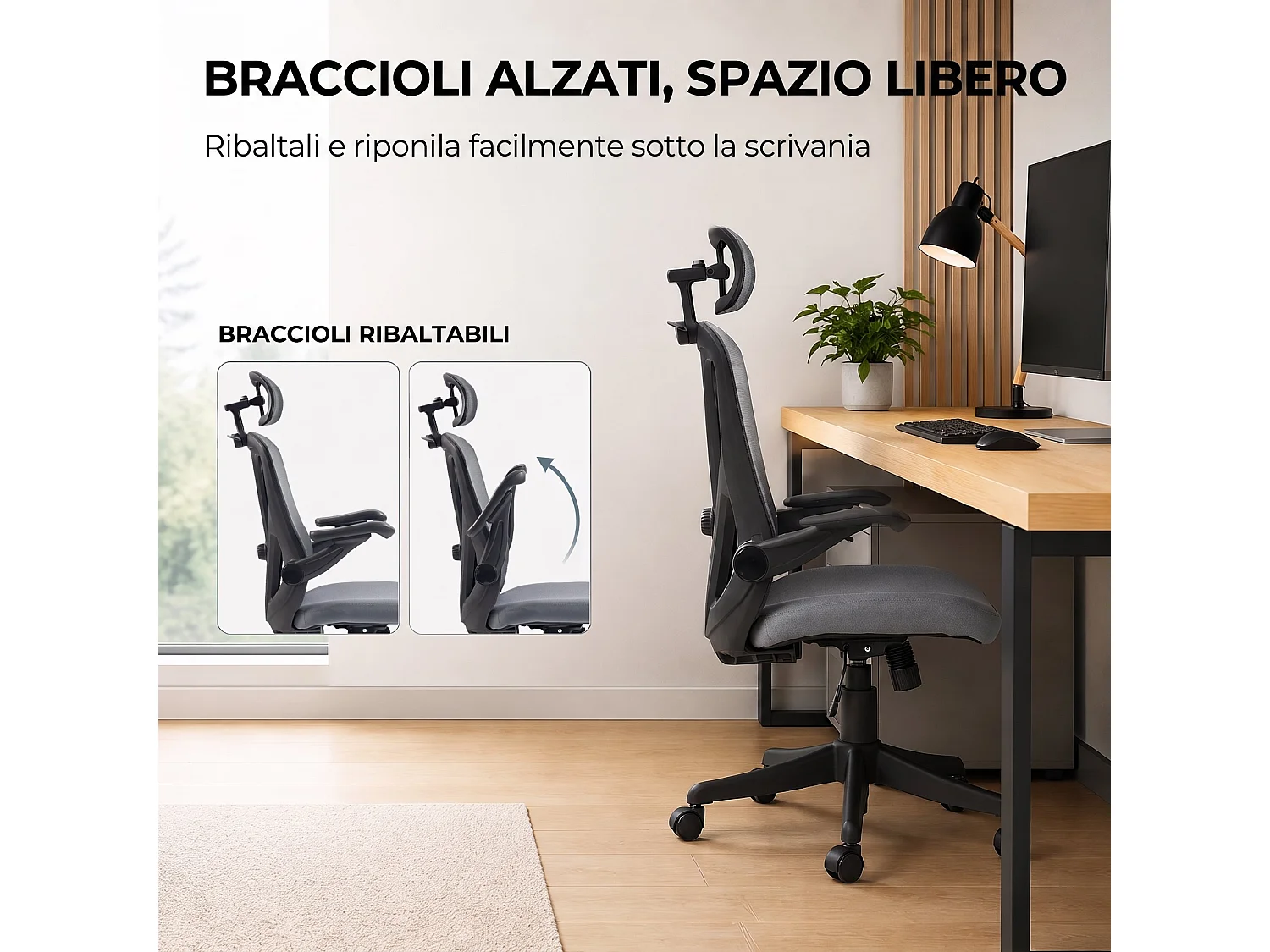 Sedia ufficio con braccioli 3d e poggiatesta 2d in rete grigio scuro