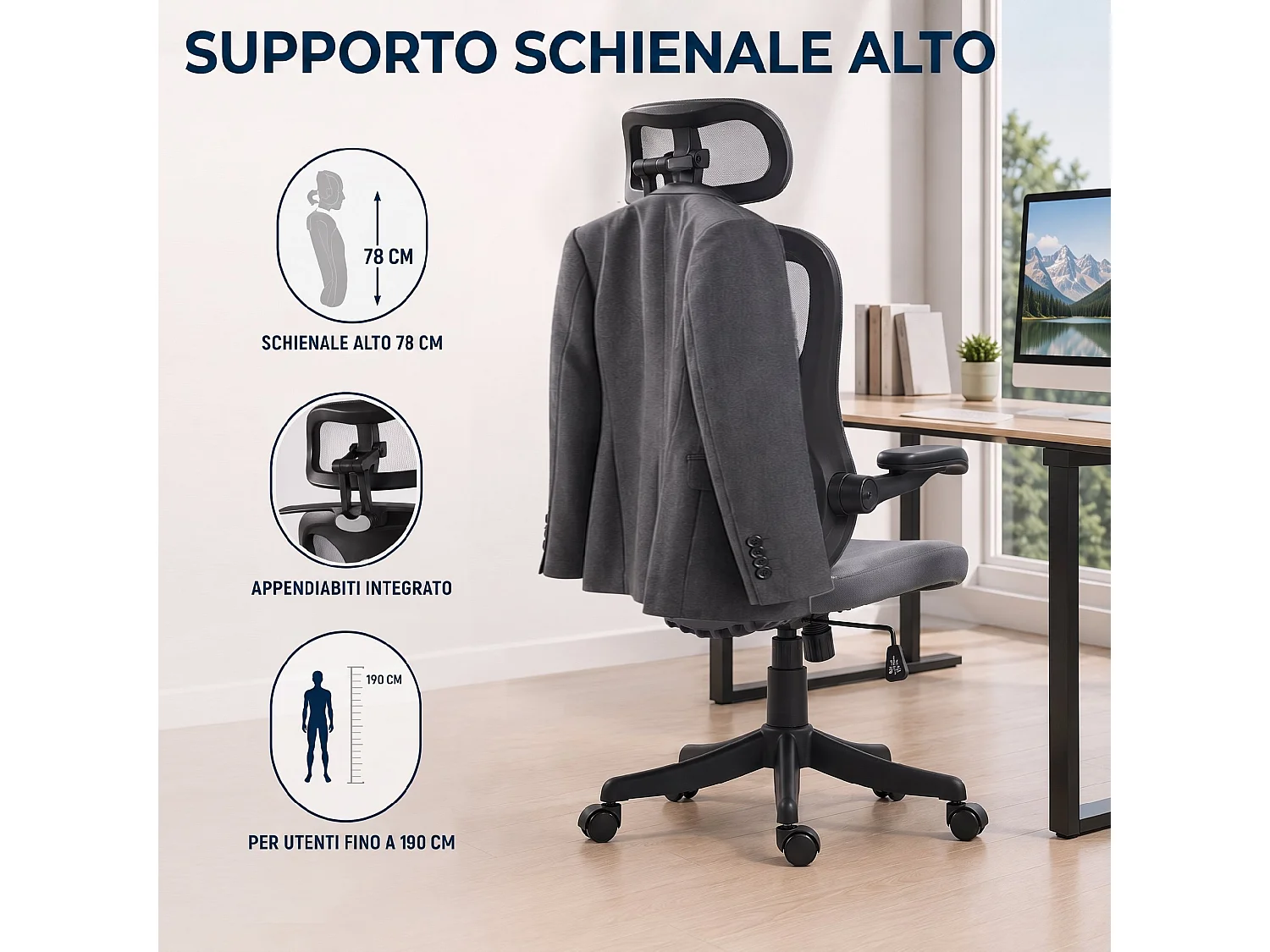 Sedia ufficio con braccioli 3d e poggiatesta 2d in rete grigio scuro