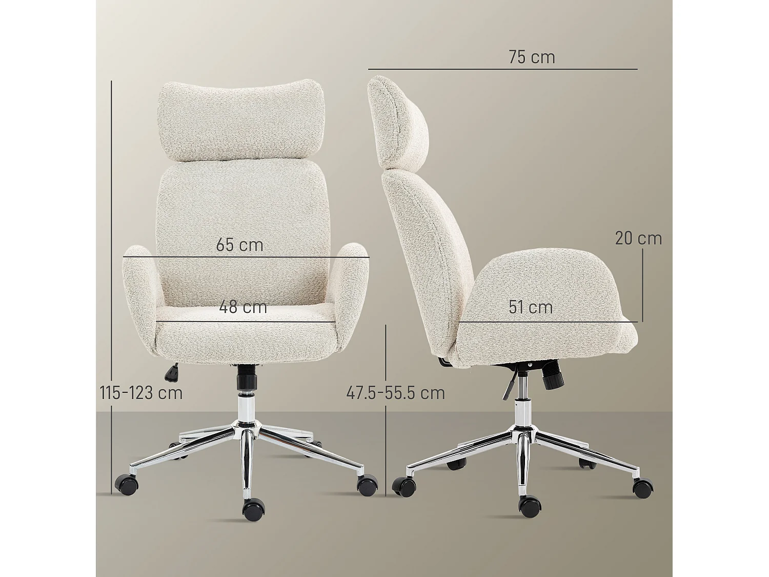 Sedia ufficio girevole con braccioli in tessuto bouclé grigio chiaro