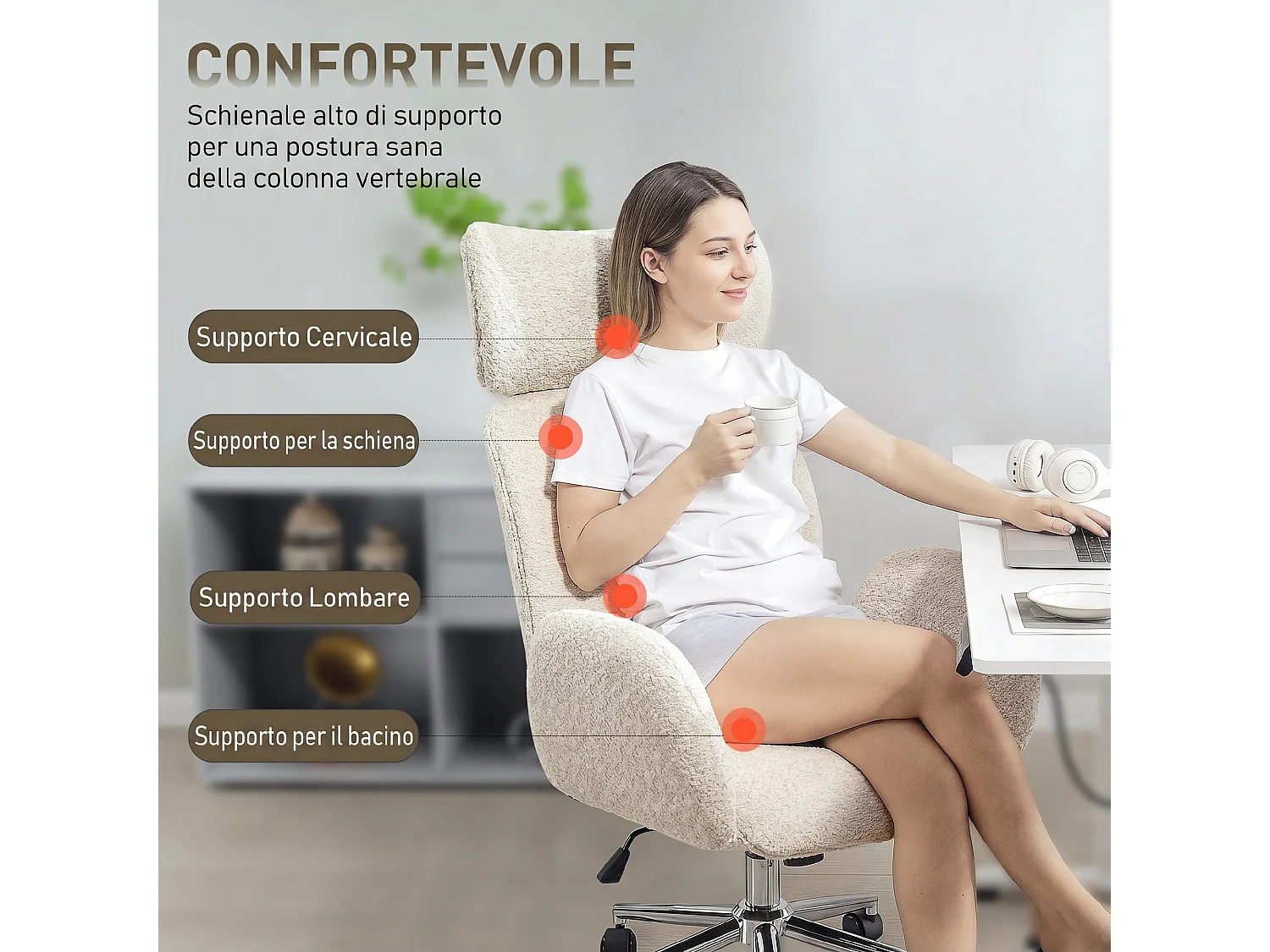 Sedia ufficio girevole con braccioli in tessuto bouclé grigio chiaro