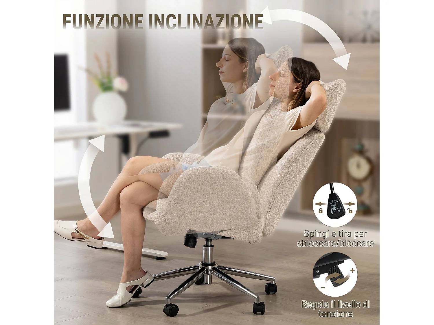 Sedia ufficio girevole con braccioli in tessuto bouclé grigio chiaro