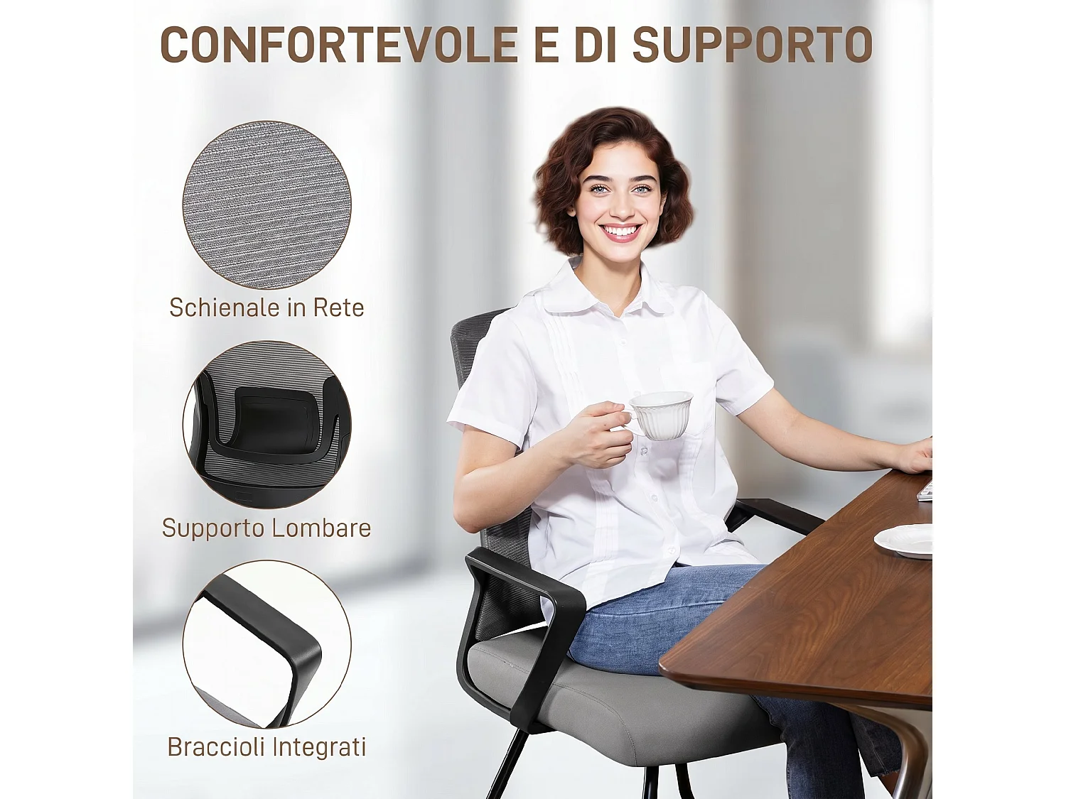 Sedia da ufficio senza ruote in tessuto rete trasparente grigio scuro