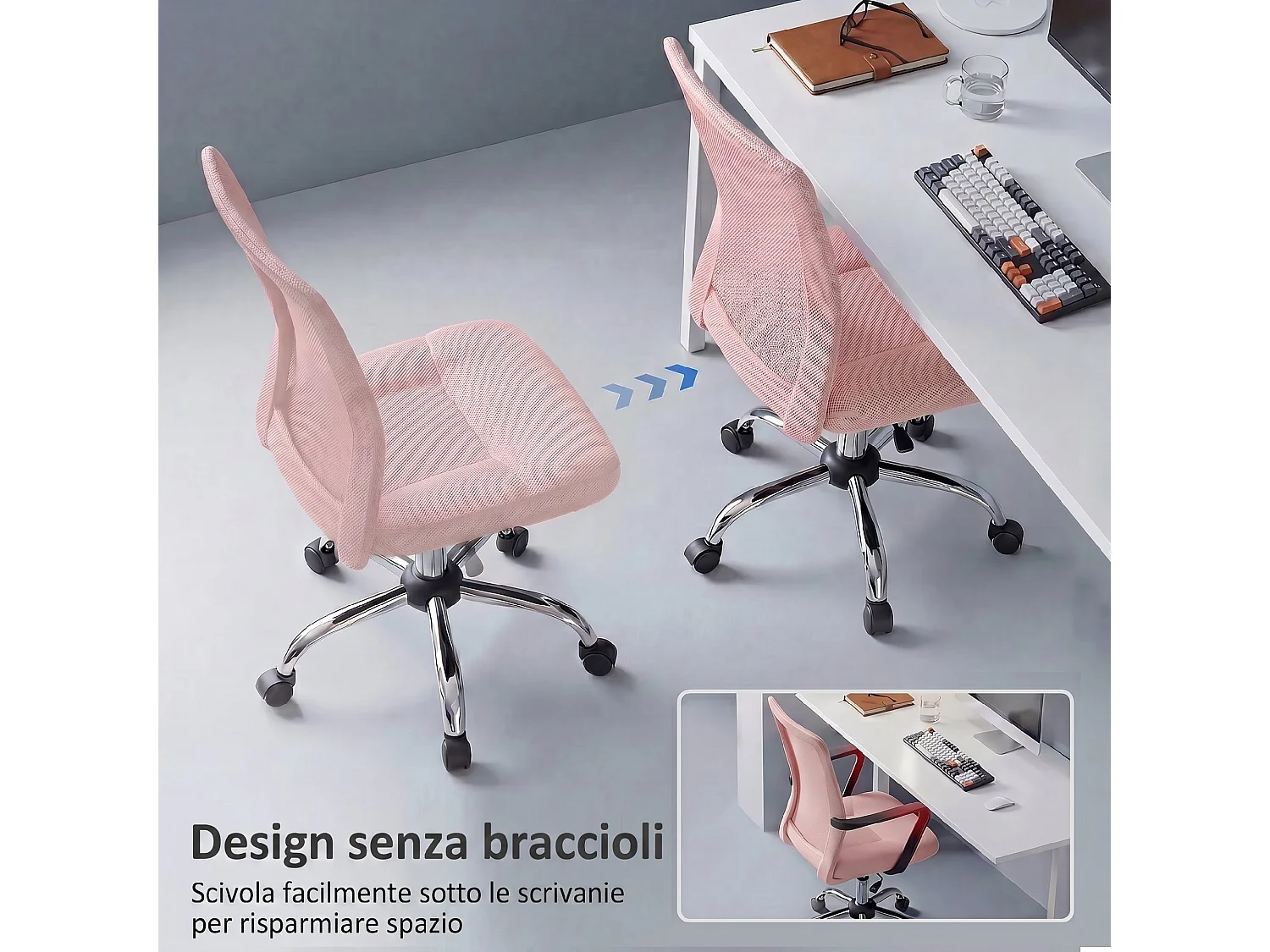 Sedia da ufficio girevole senza braccioli in tessuto a rete rosa