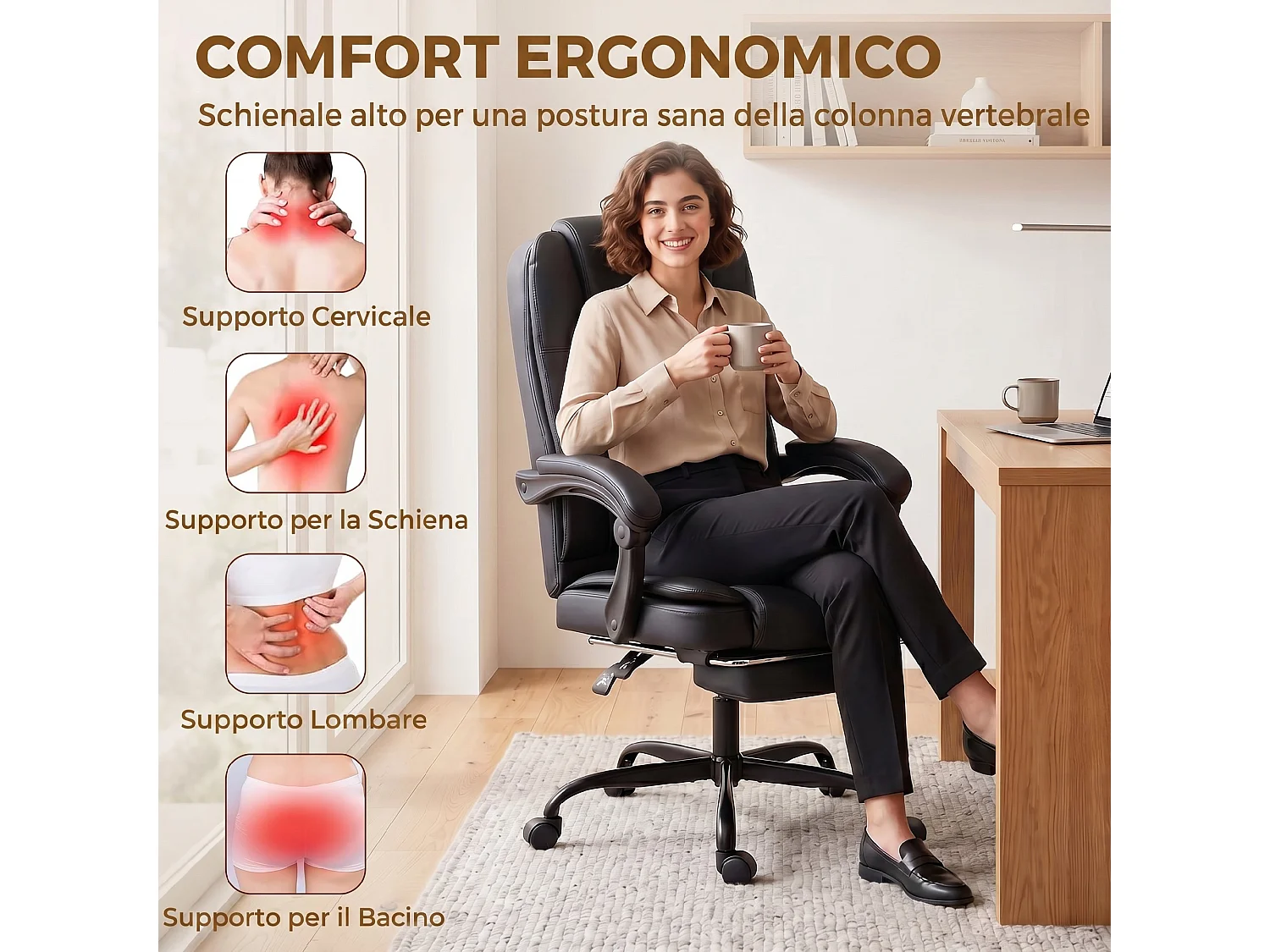 Sedia da ufficio ergonomica e reclinabile 150° con poggiapiedi nero
