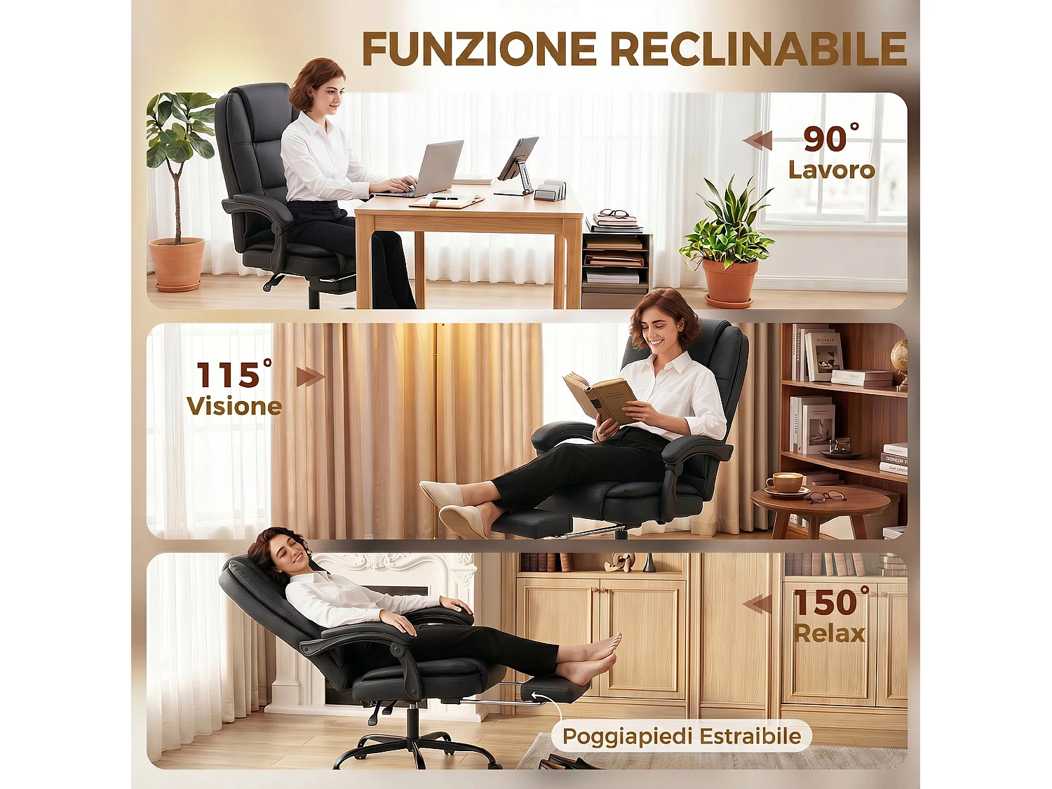 Sedia da ufficio ergonomica e reclinabile 150° con poggiapiedi nero