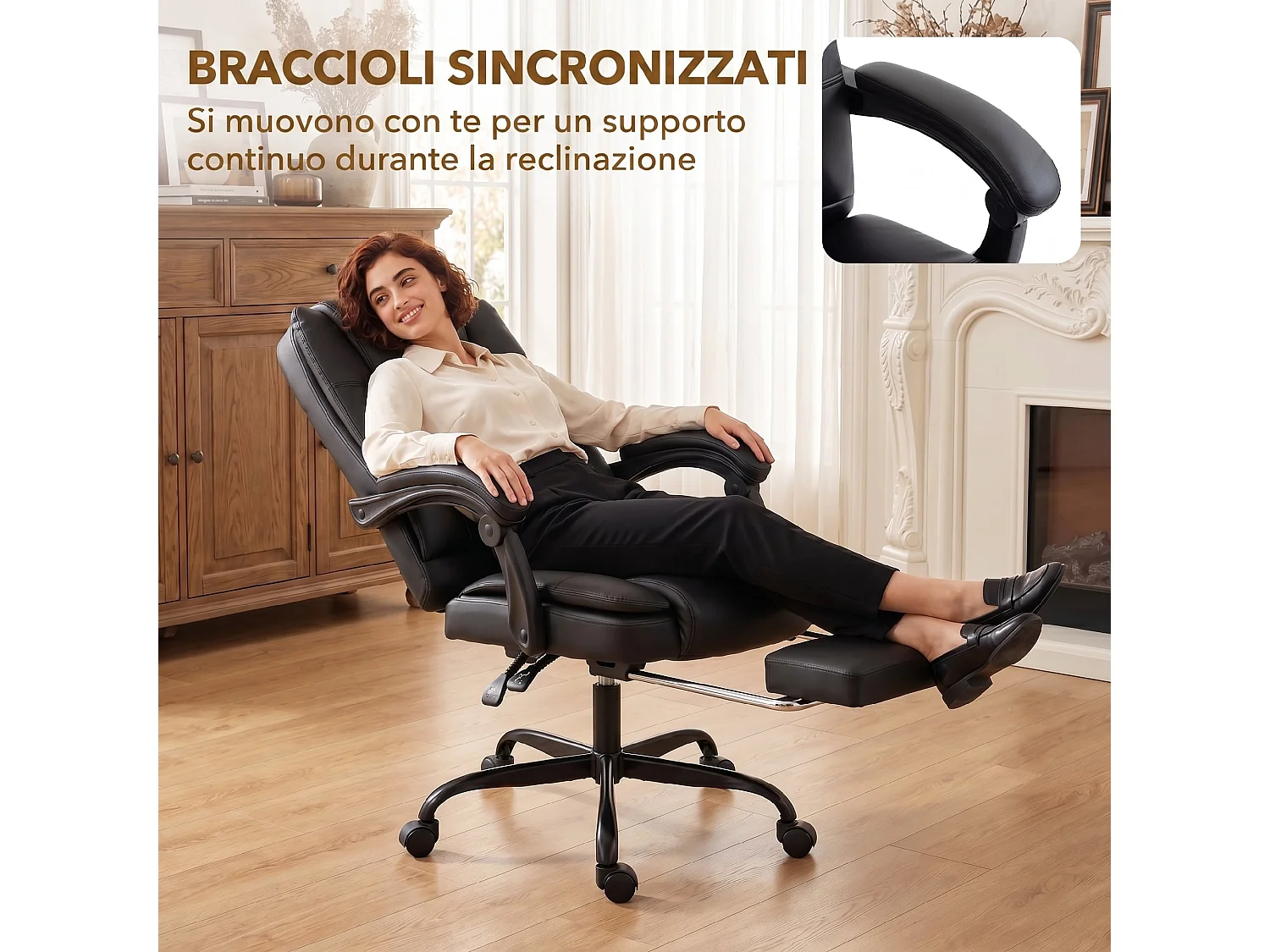 Sedia da ufficio ergonomica e reclinabile 150° con poggiapiedi nero