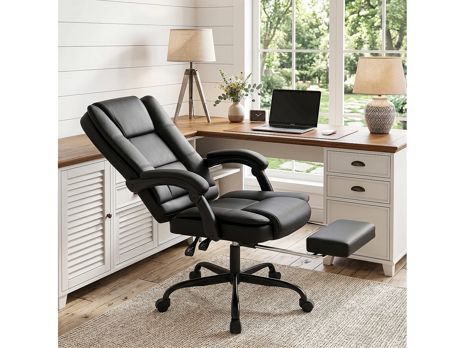 Sedia da ufficio ergonomica e reclinabile 150° con poggiapiedi nero
