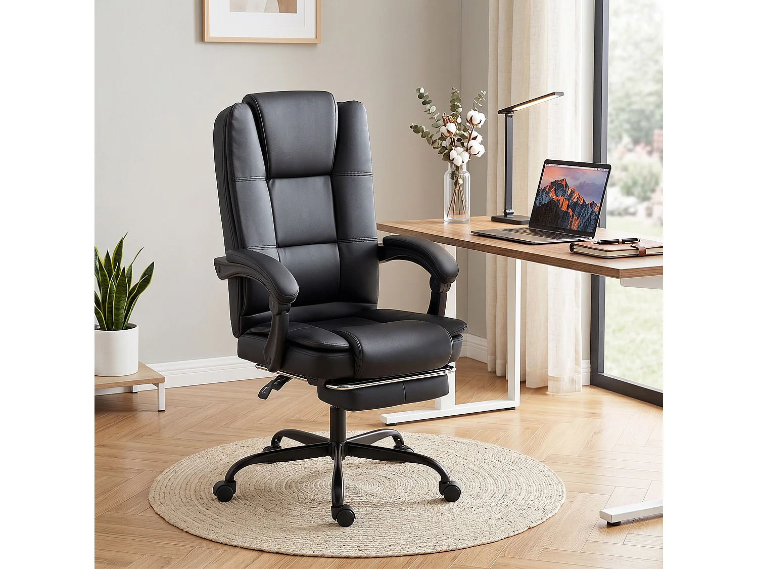Sedia da ufficio ergonomica e reclinabile 150° con poggiapiedi nero