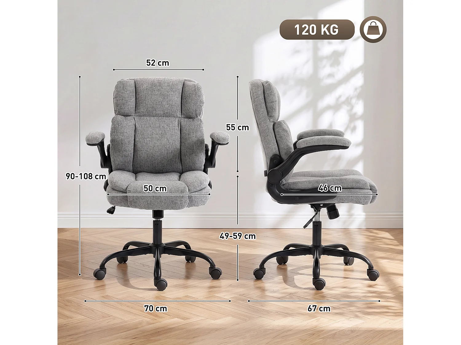 Sedia ufficio con altezza regolabile in tessuto effetto lino grigio