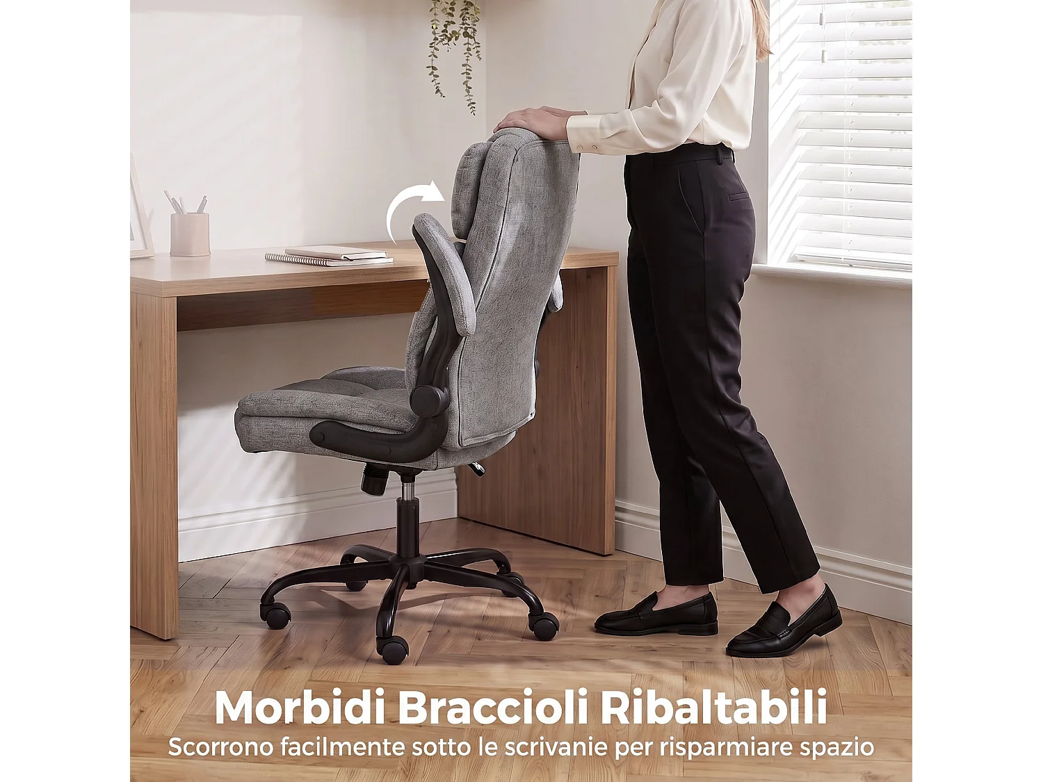 Sedia ufficio con altezza regolabile in tessuto effetto lino grigio