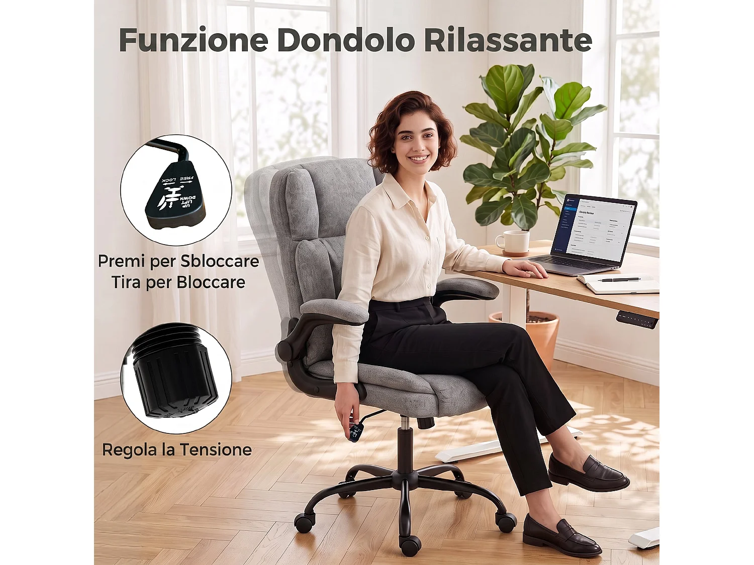 Sedia ufficio con altezza regolabile in tessuto effetto lino grigio