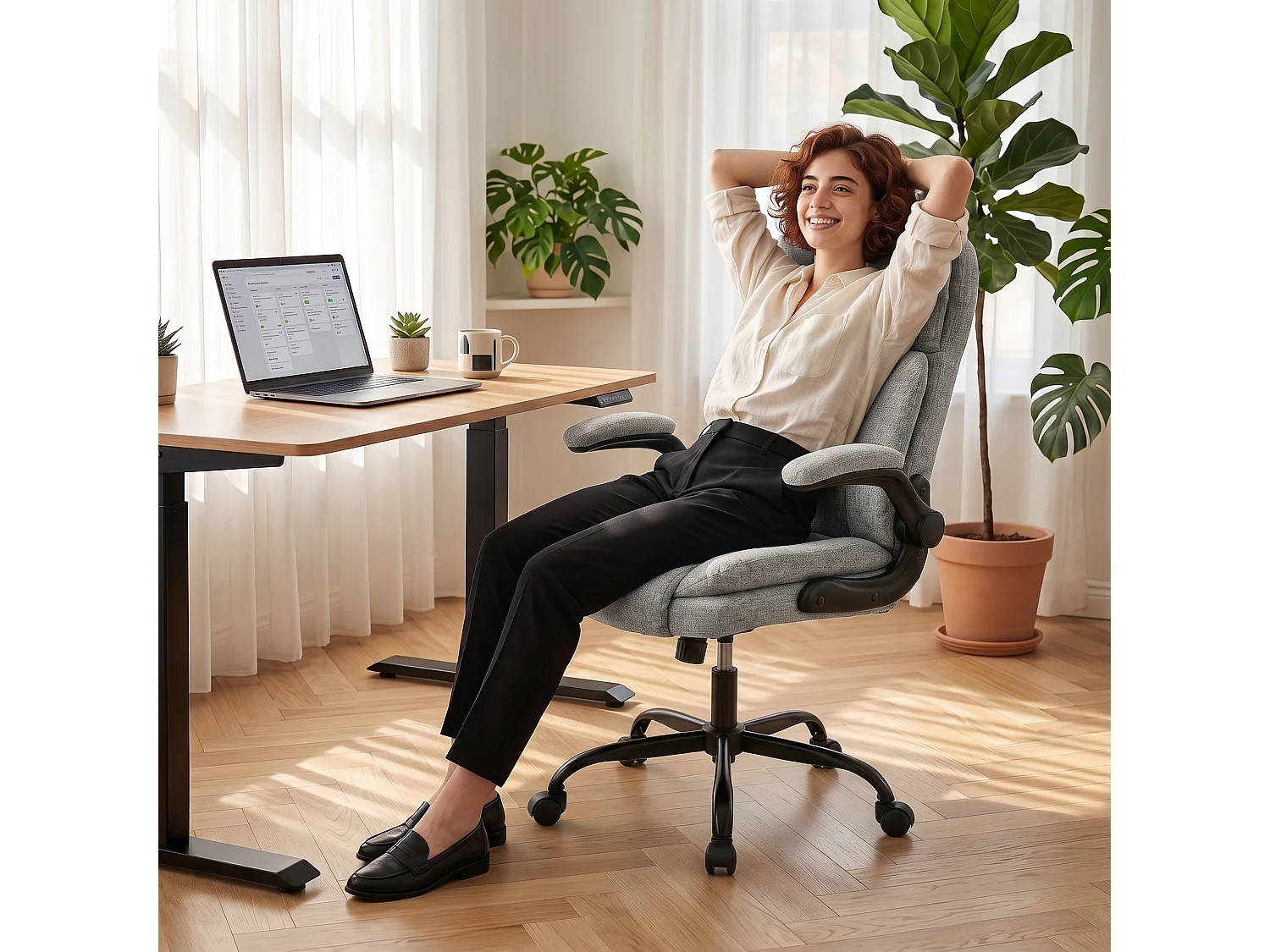 Sedia ufficio con altezza regolabile in tessuto effetto lino grigio