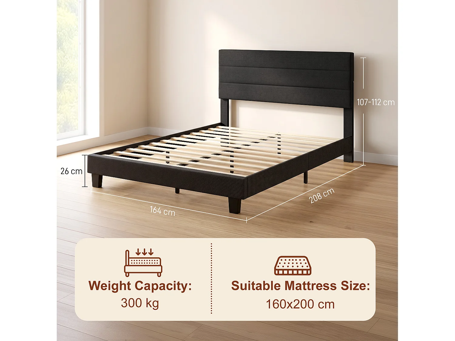 Struttura Letto Matrimoniale 160x200 cm Testiera Regolabile Nero