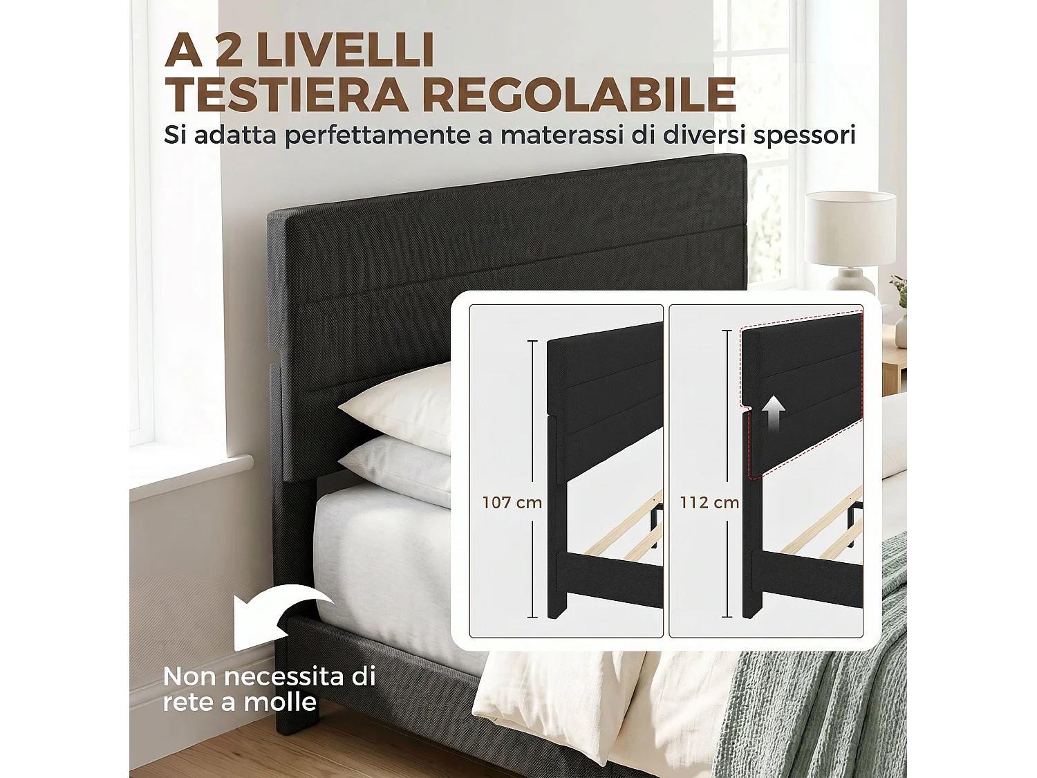 Struttura Letto Matrimoniale 160x200 cm Testiera Regolabile Nero