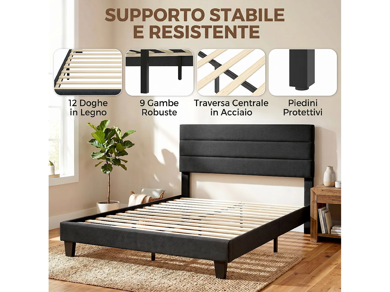 Struttura Letto Matrimoniale 160x200 cm Testiera Regolabile Nero