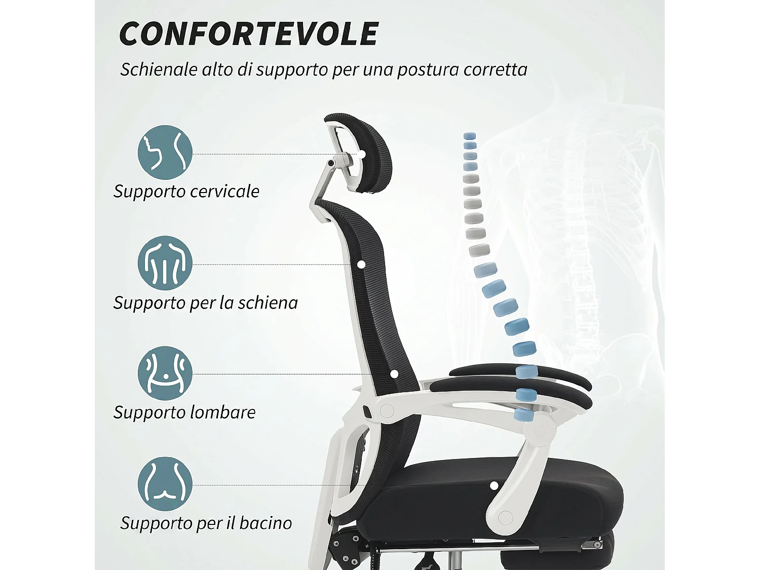 Sedia ufficio ergonomica reclinabile con poggiapiedi in rete nero