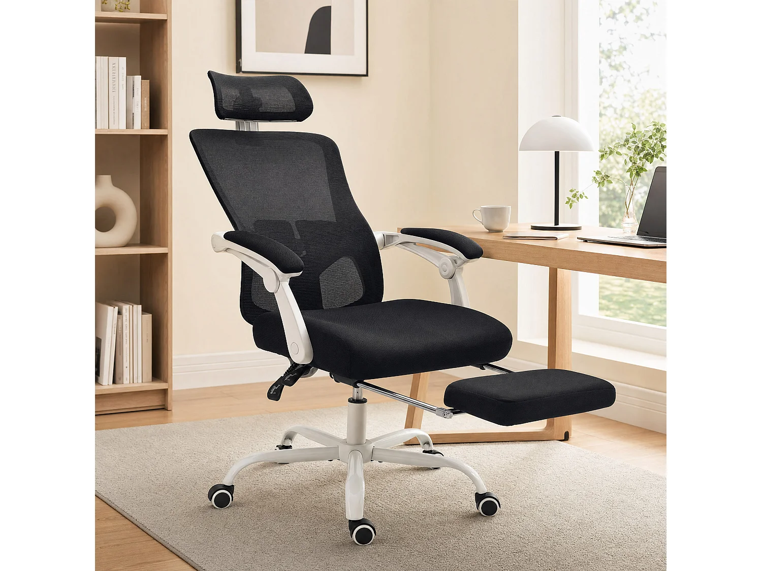 Sedia ufficio ergonomica reclinabile con poggiapiedi in rete nero