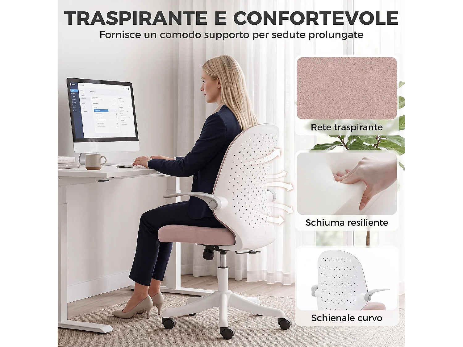 Sedia da ufficio regolabile in altezza in rete rosa e bianco